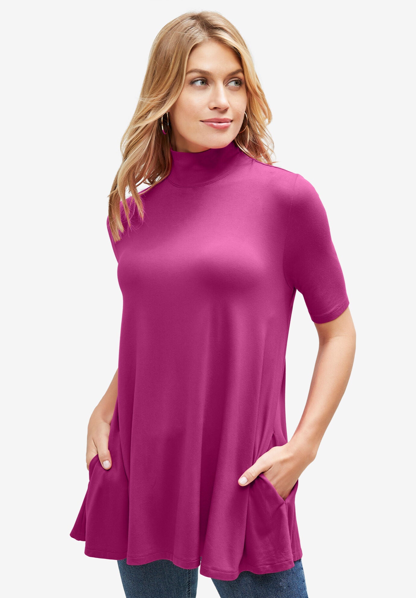 Mockneck Swing Tunic for Versatile Wear, Raspberry | Catherines