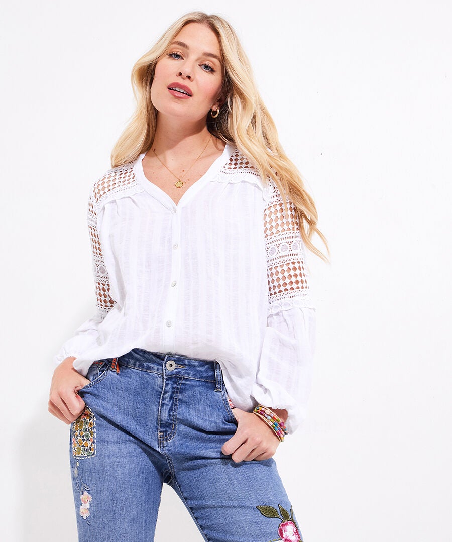 Crochet Trim Button-Front Tunic Blouse, WHITE, alternate image number 2