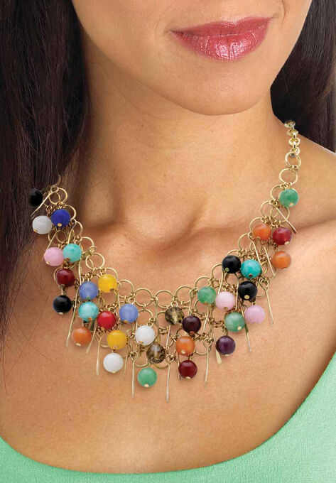 Goldtone Multi Color Genuine Agate Bead and Necklace and Earring Set, 18 inch plus 3 inch extension, , alternate image number null