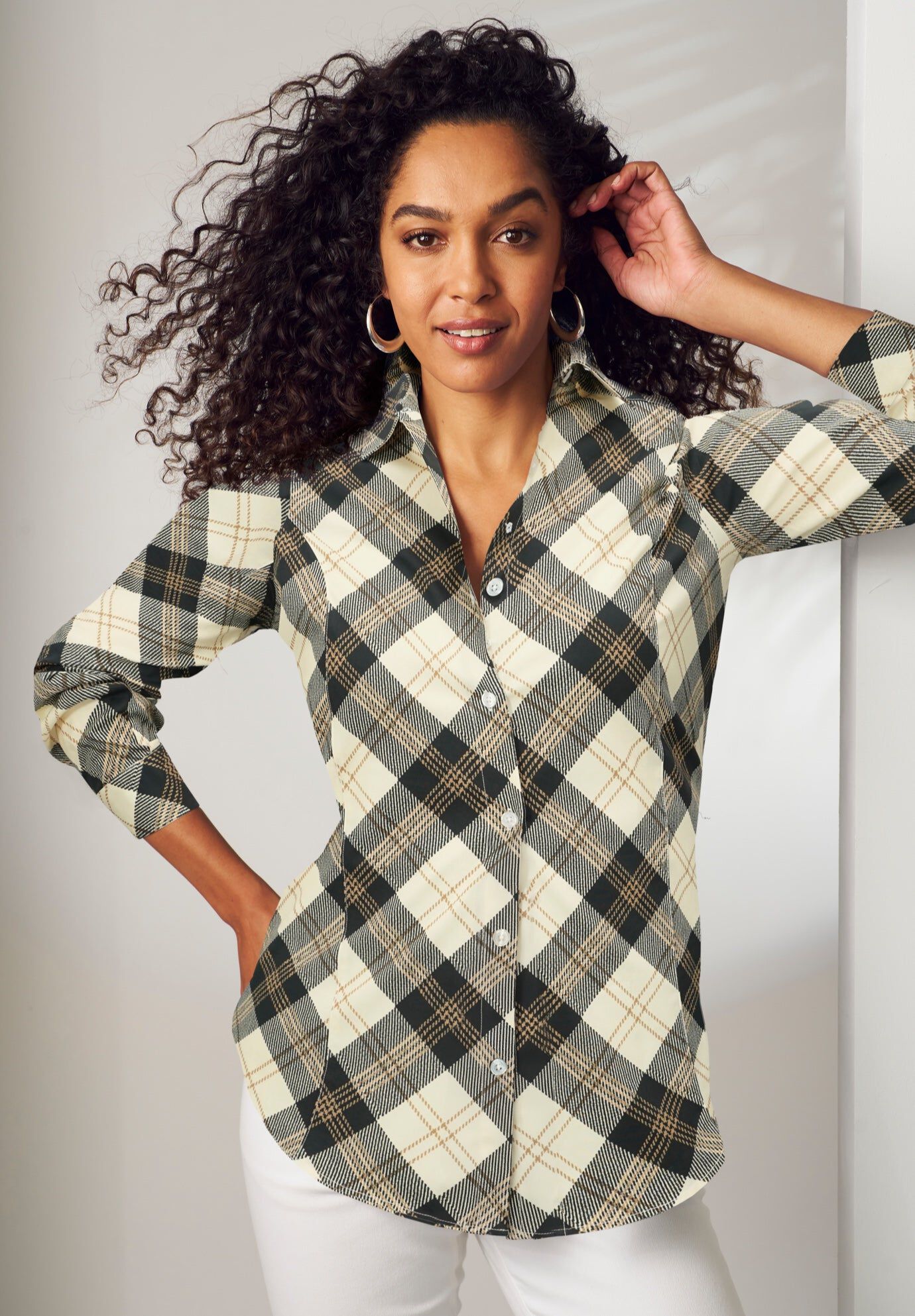 Stretch Poplin Shirt, IVORY GOLD PLAID, hi-res image number 0