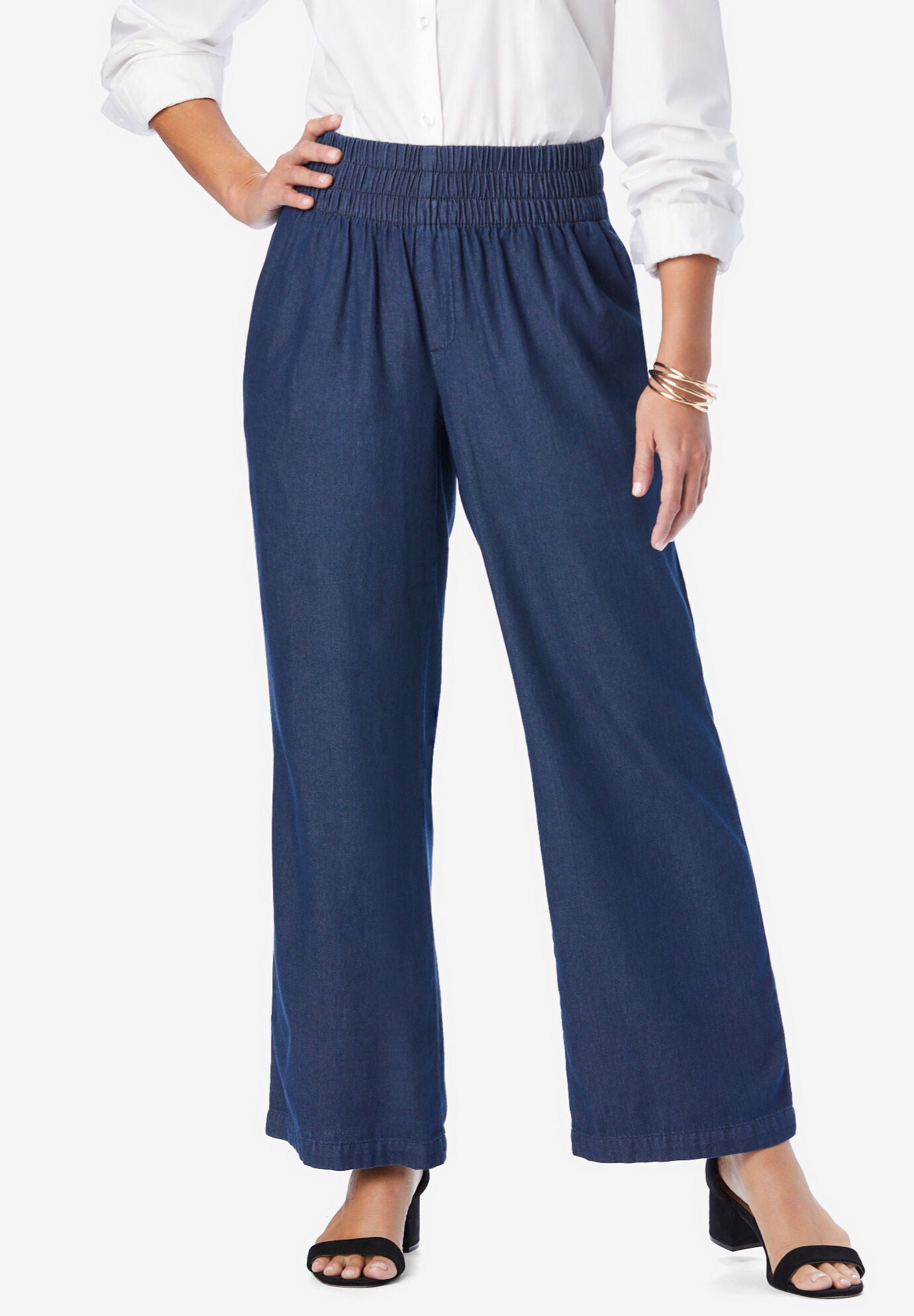 Wide Leg Chambray Pants with Elastic Waistband Indigo