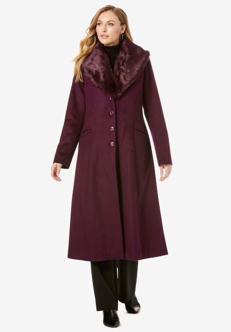 Long Wool-Blend Coat with Faux Fur Collar, DARK BERRY, hi-res image number null