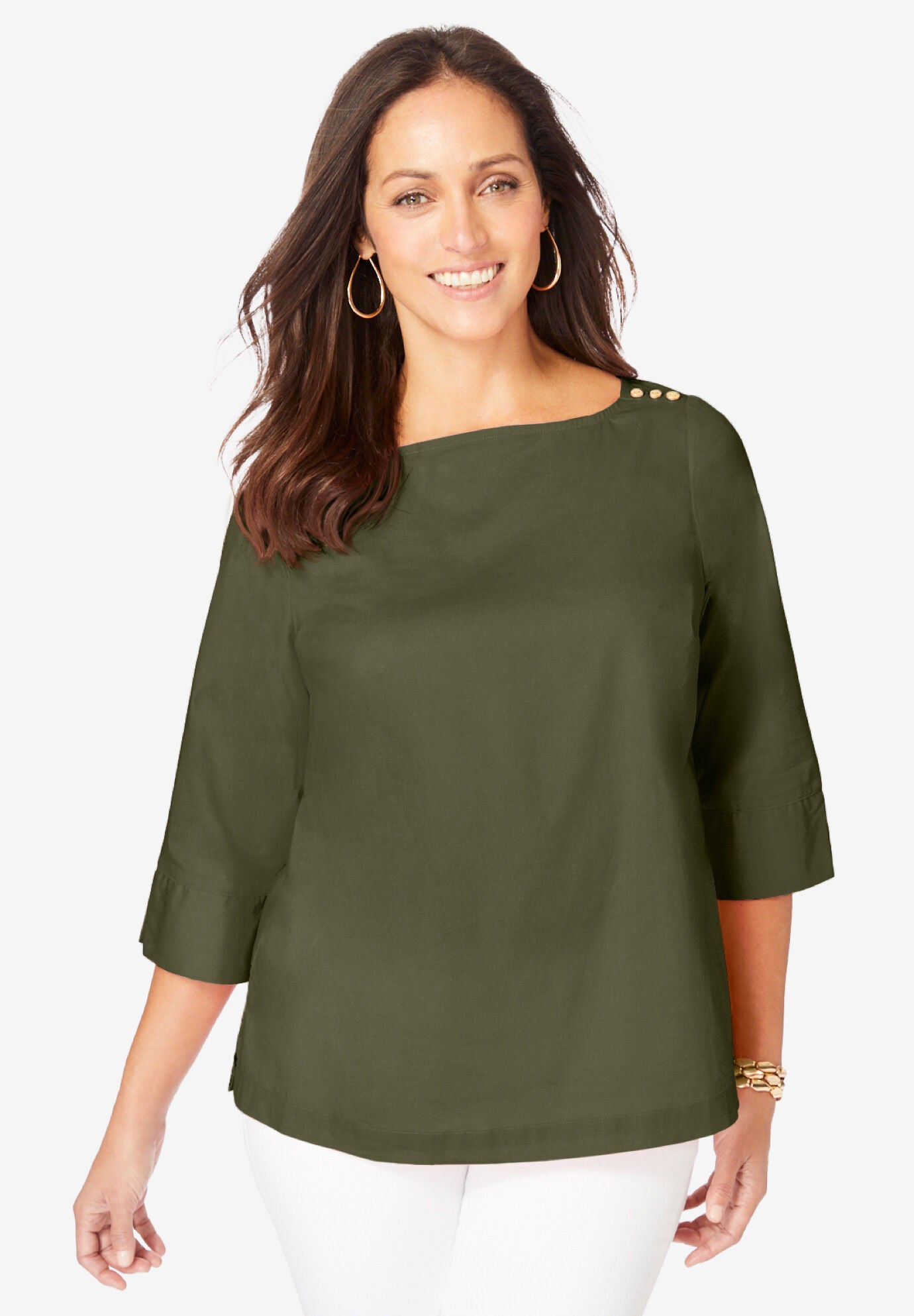 Stretch Poplin Button Boatneck Tunic, DARK OLIVE GREEN, hi-res image number 0