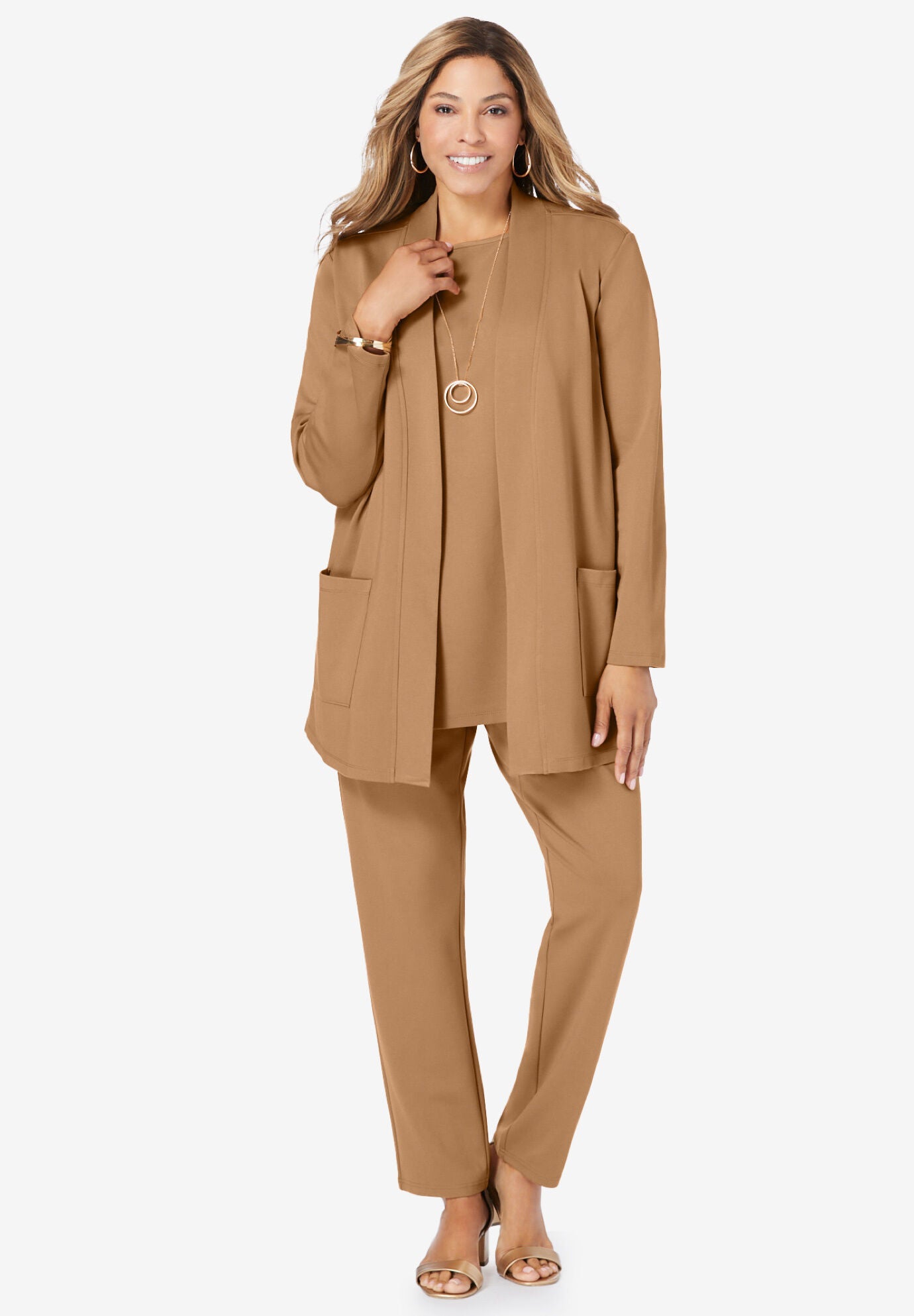 Elegant Ponte Pant Set 3 Piece Outfit Brown Maple Catherines