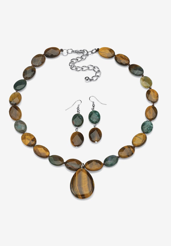 Strand Necklace and Drop Earring Set, Genuine Tiger's Eye and Jasper, BROWN, hi-res image number 0