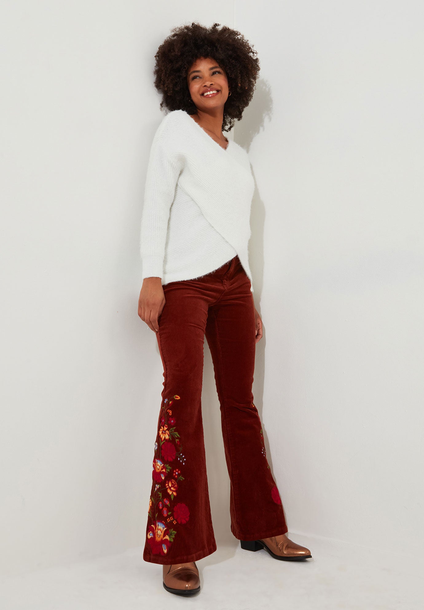 Embroidered Corduroy Flare Trouser, RUST, on-hover image number 1