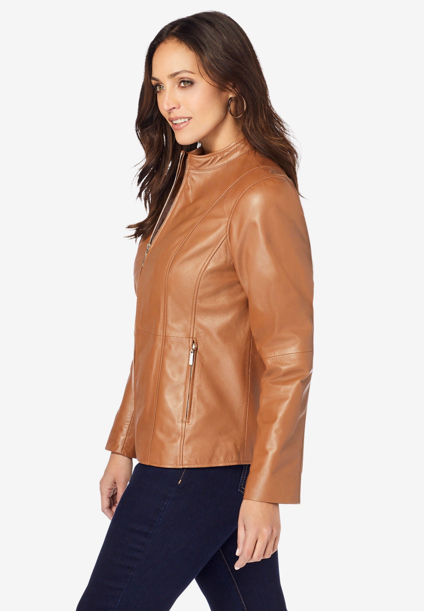 Zip Front Leather Jacket, COGNAC, alternate image number 2