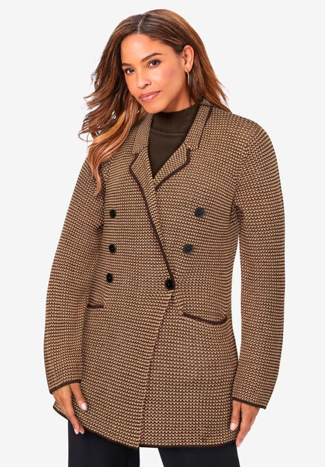 Double-Breasted Sweater Blazer, SOFT CAMEL CHOCOLATE, hi-res image number null