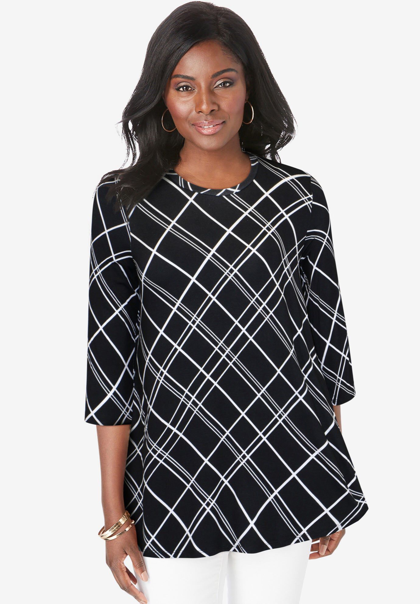 Stretch Knit Swing Tunic, Season-Spanning Style, Black Bias Stripe ...
