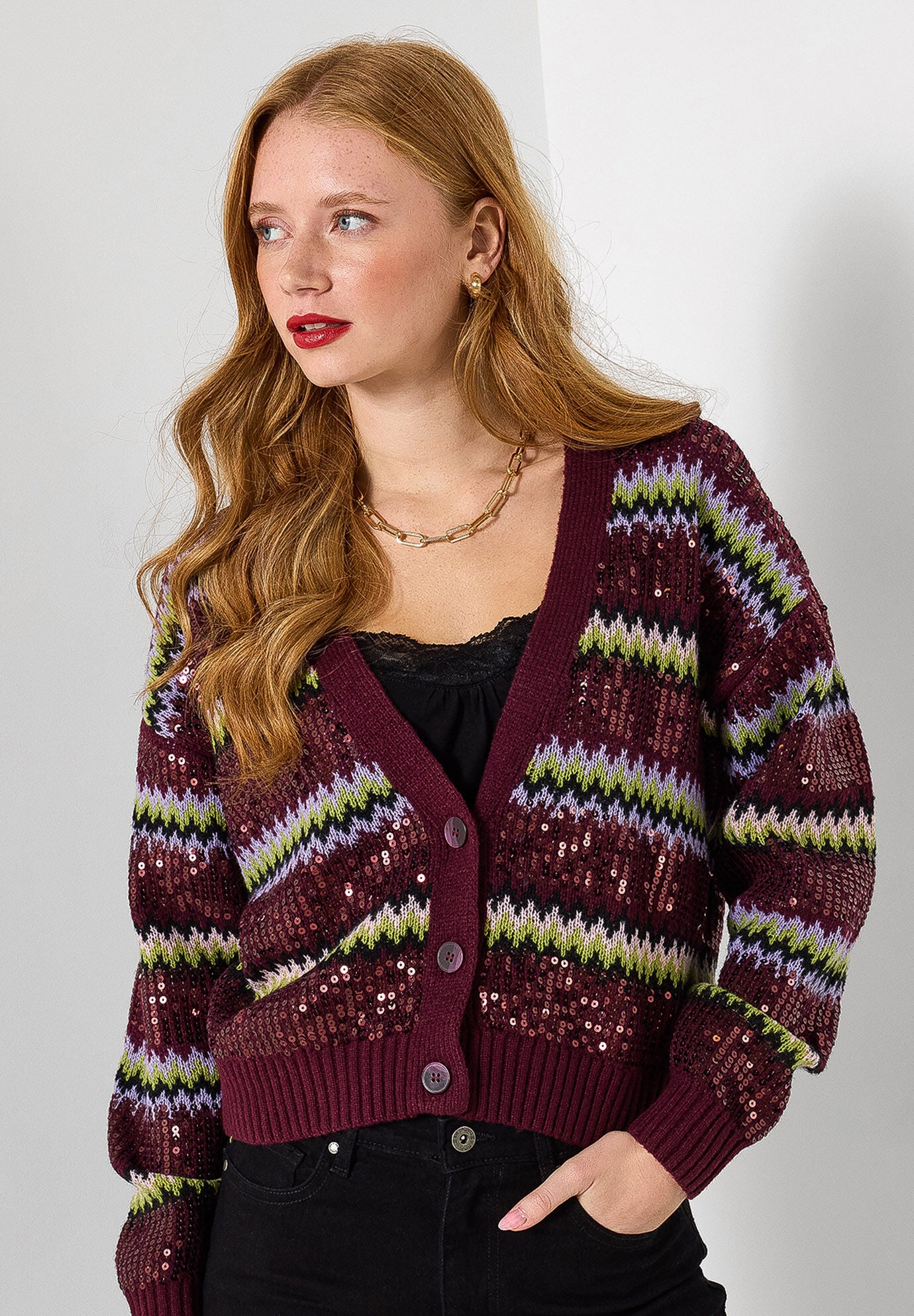 Sequin Sweater Cardigan, SEQUIN STRIPES, hi-res image number 0