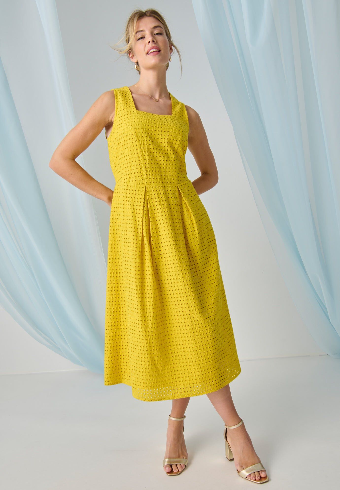 Sleeveless Eyelet Midi Dress, GOLDEN CITRUS, hi-res image number 0