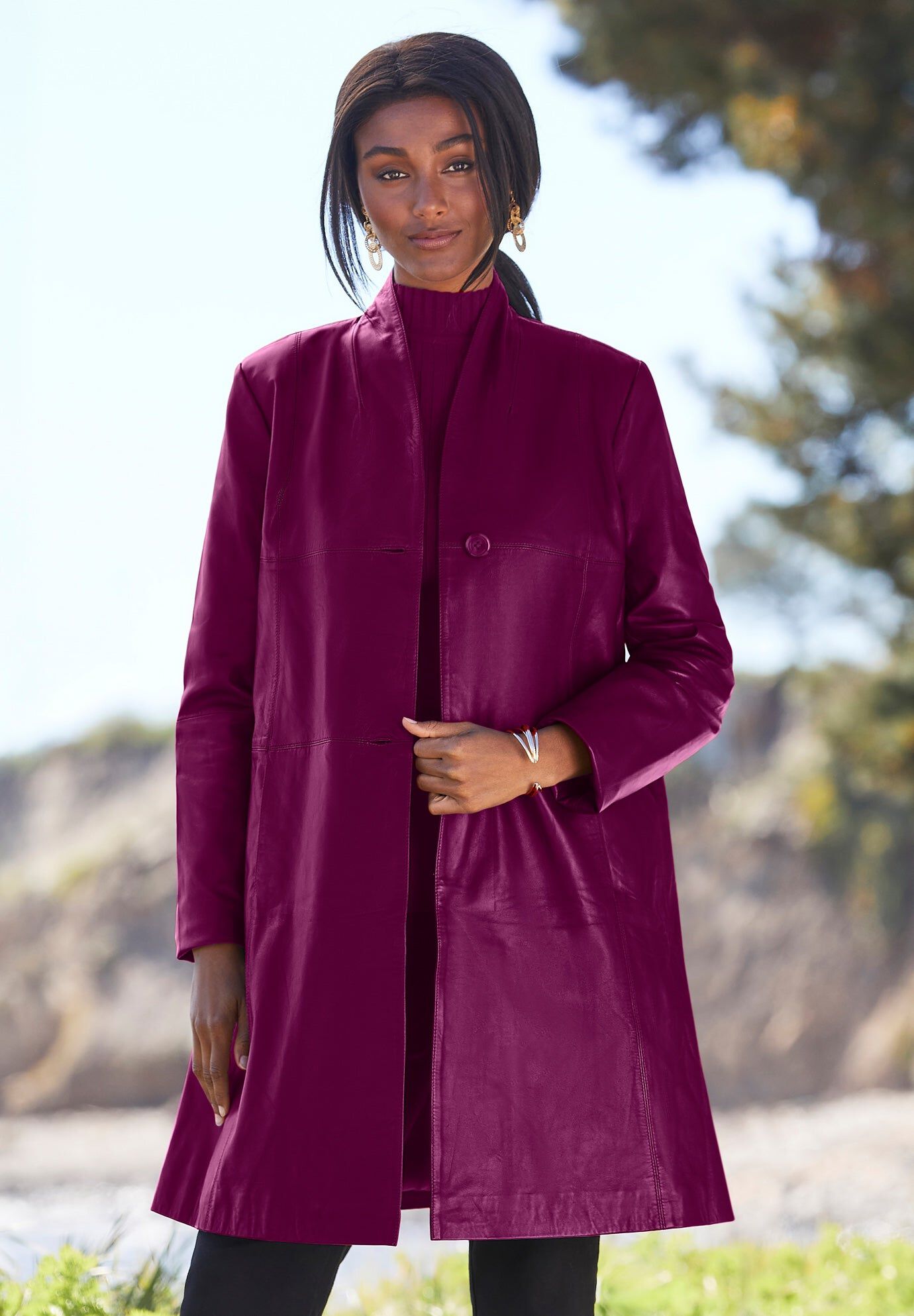 Leather Swing Coat - Genuine Trapeze Jacket, Dark Berry | Catherines