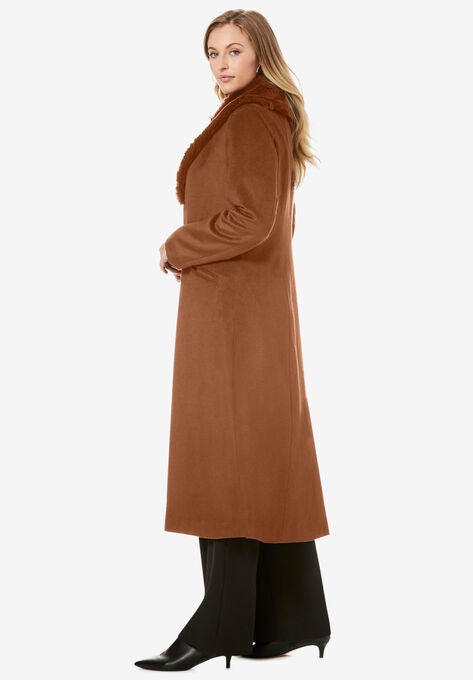 Long Wool-Blend Coat with Faux Fur Collar, , alternate image number null