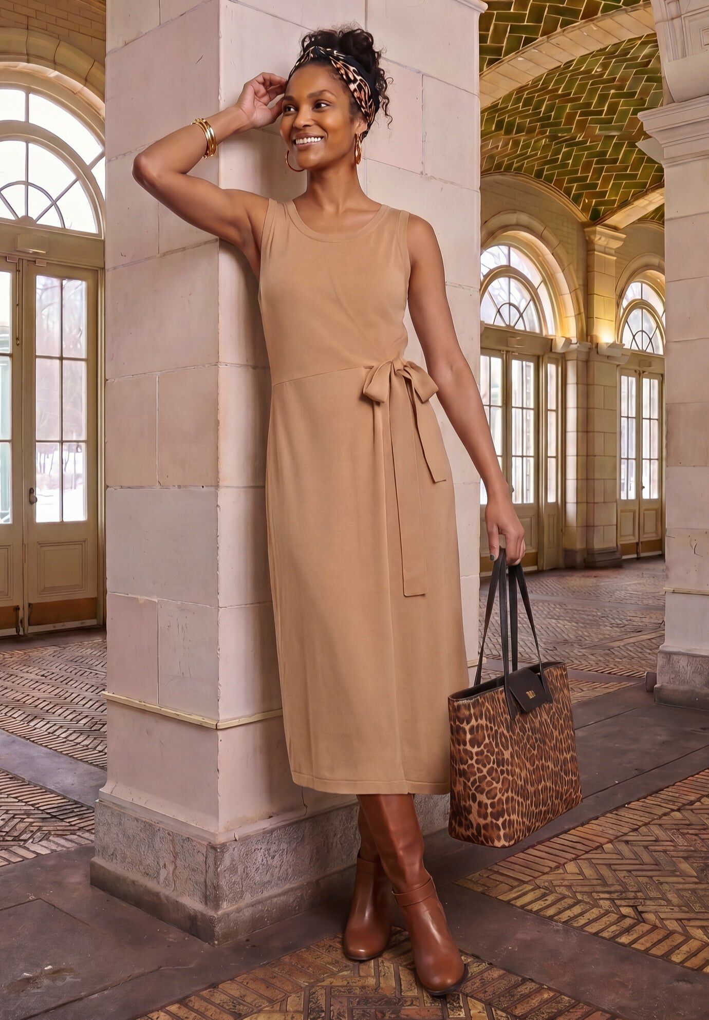 Tie-Front Wrap-Detail Sweater Dress, NEW KHAKI, hi-res image number 0