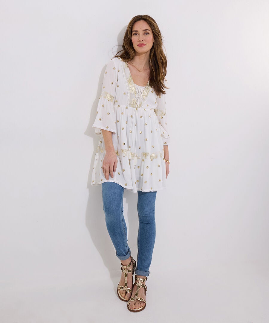 Boho Tassel Tunic, GOLD MEDALLION DOT, hi-res image number 0