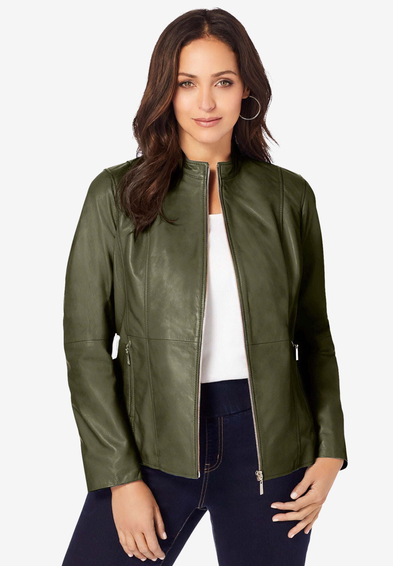 Zip Front Leather Jacket, DARK OLIVE GREEN, hi-res image number 0