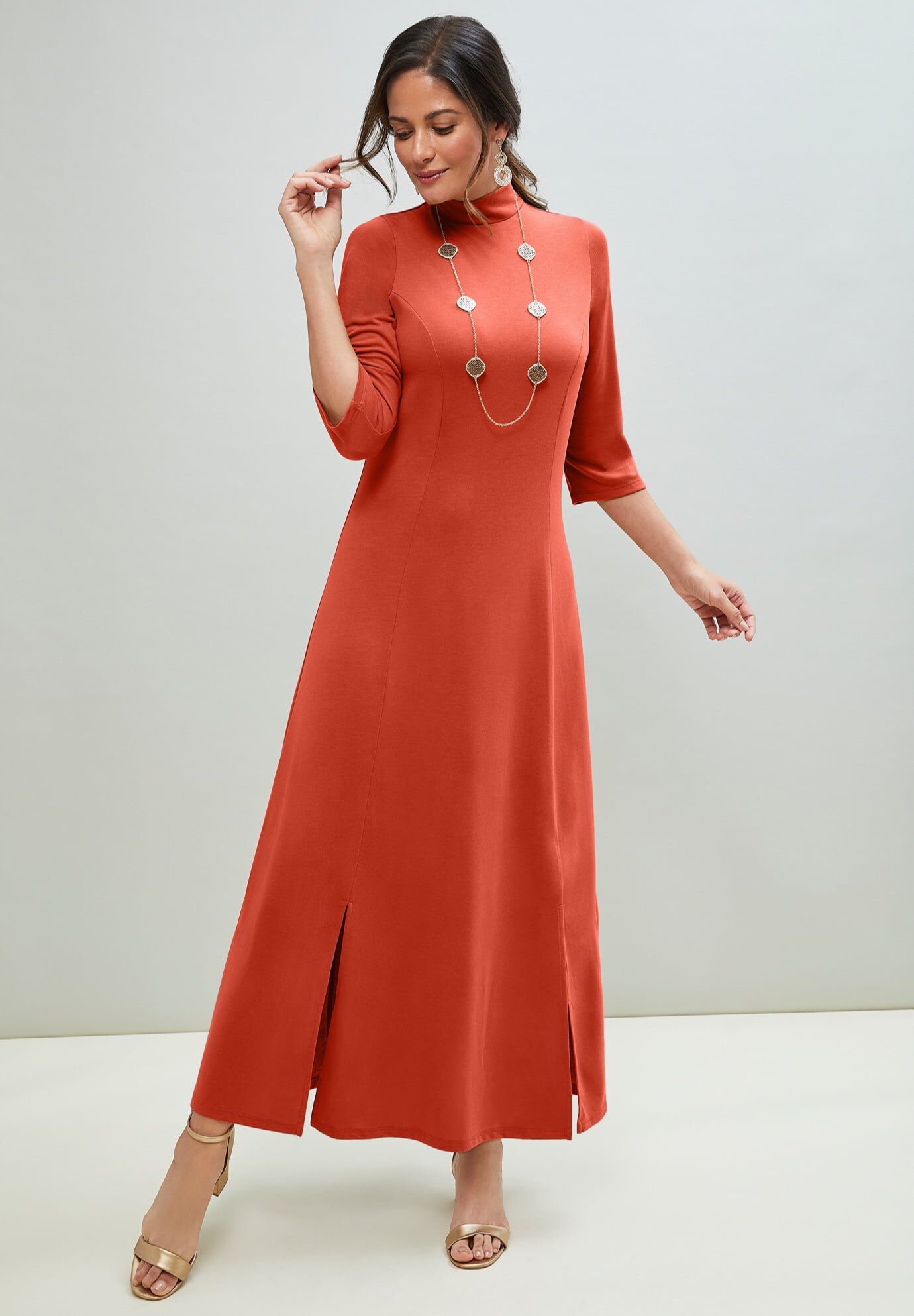 Mockneck Slit Maxi Dress, COPPER RED, hi-res image number 0