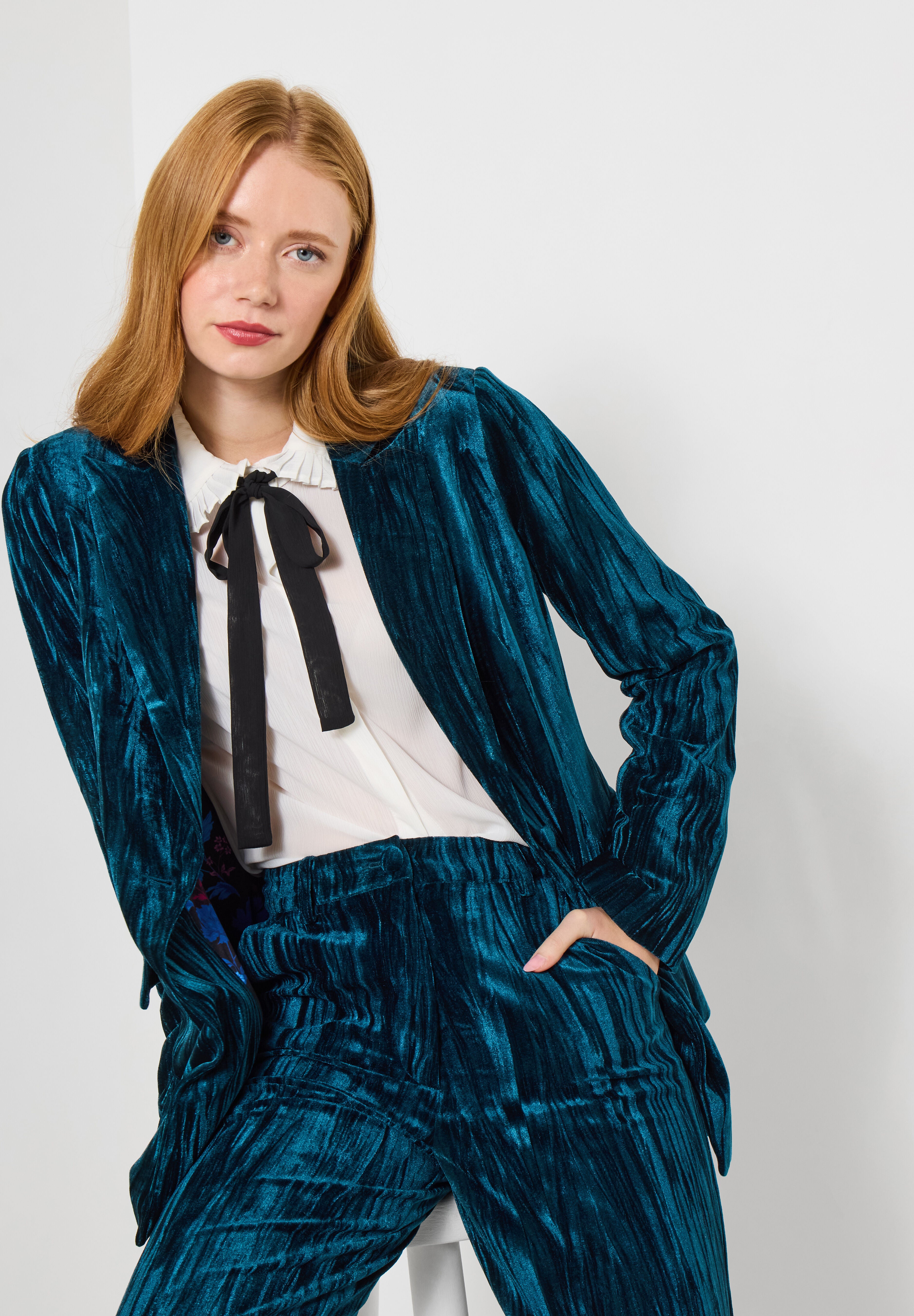 Crinkle Velvet Blazer, TEAL, hi-res image number 0