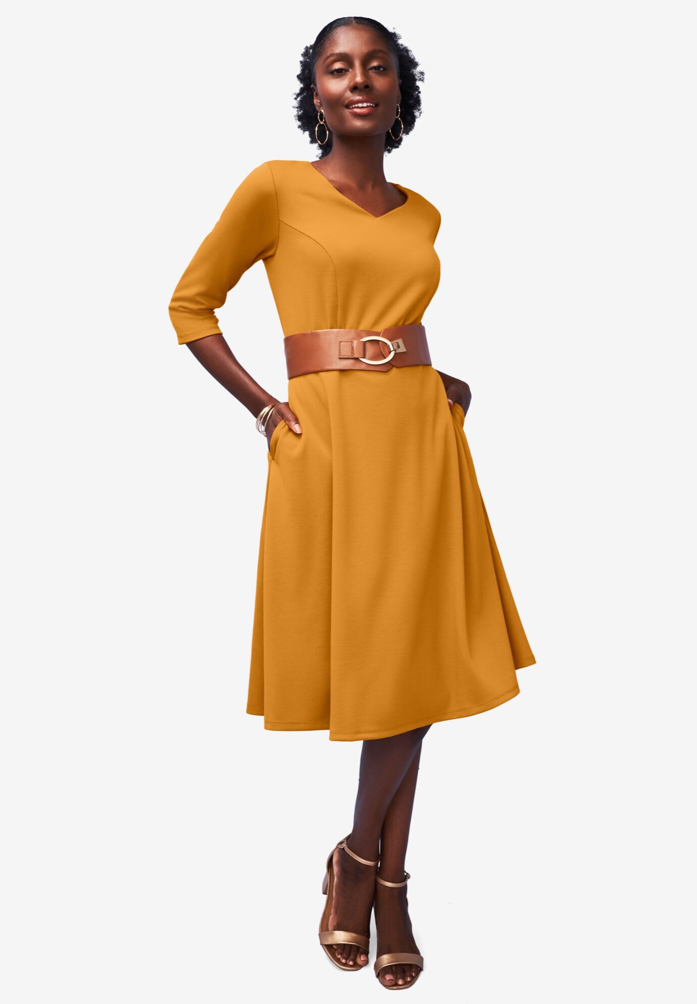 SWEETHEART NECKLINE PONTE DRESS, RICH GOLD, hi-res image number 0