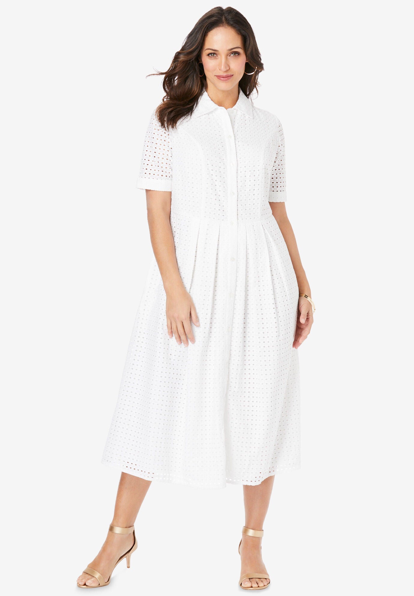 Eyelet Shirt Dress Elbow Length Embroidery White Catherines