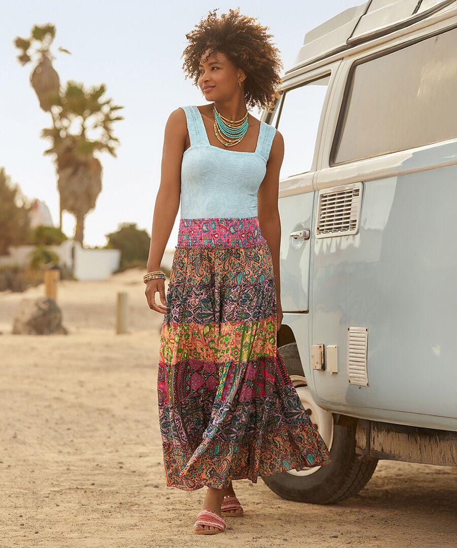 Smocked Waist Maxi Skirt, MULTICOLOR PAISLEY STRIPE, hi-res image number 0