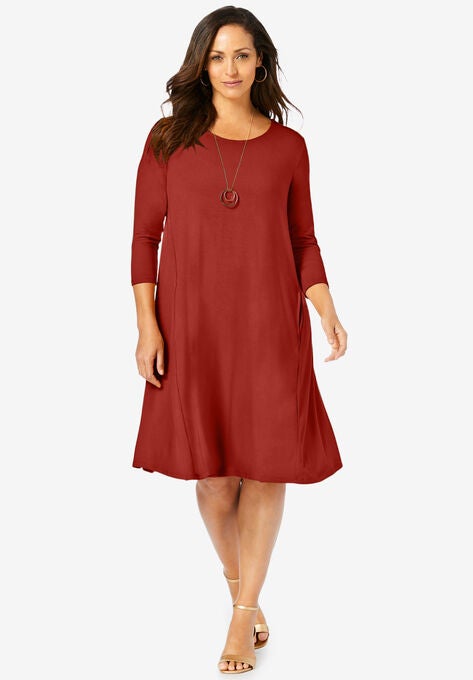 Three-Quarter Sleeve T-shirt Dress, RED OCHRE, hi-res image number null