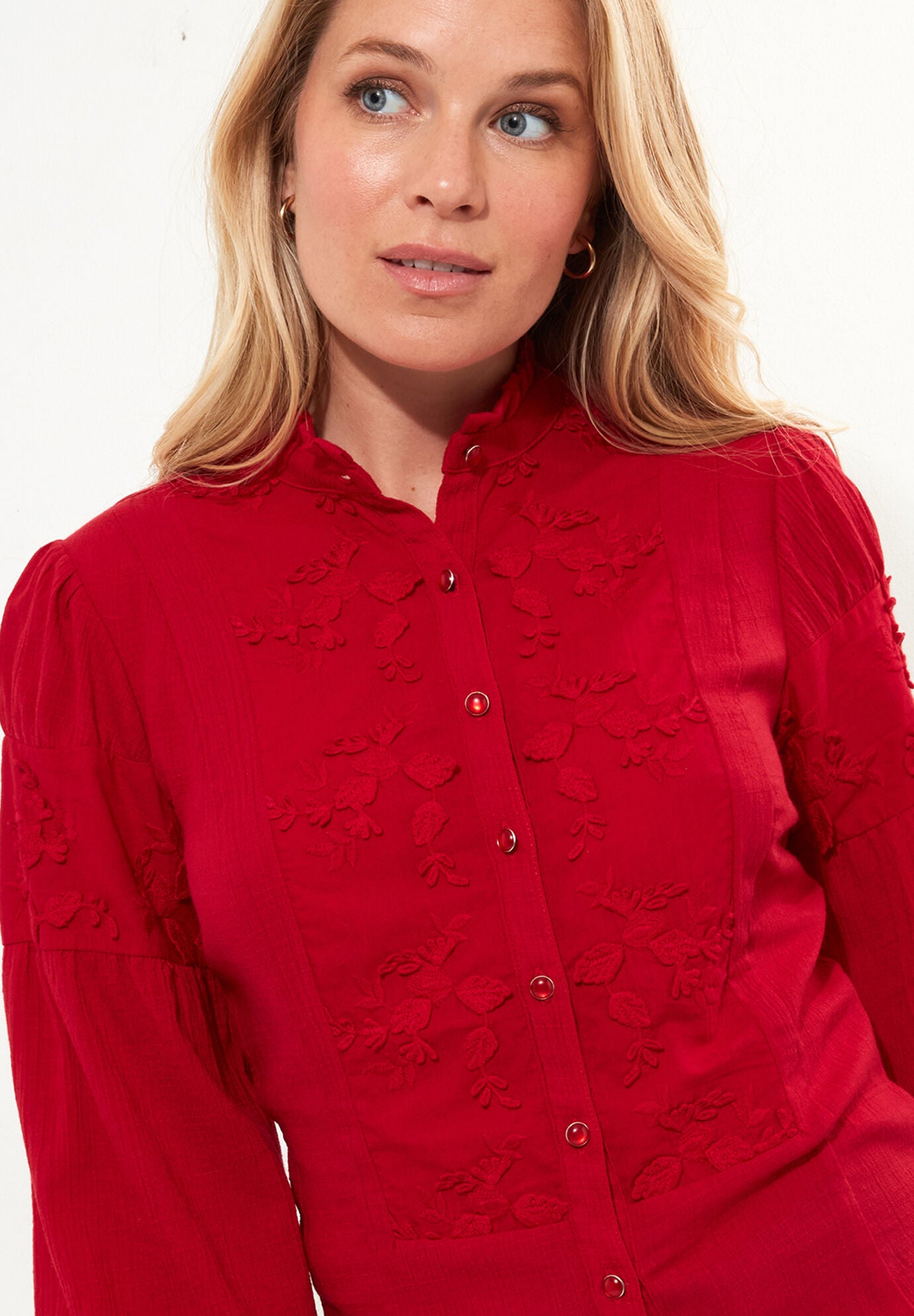 Long Balloon Sleeve Embroidered Blouse, CLASSIC RED, alternate image number 3