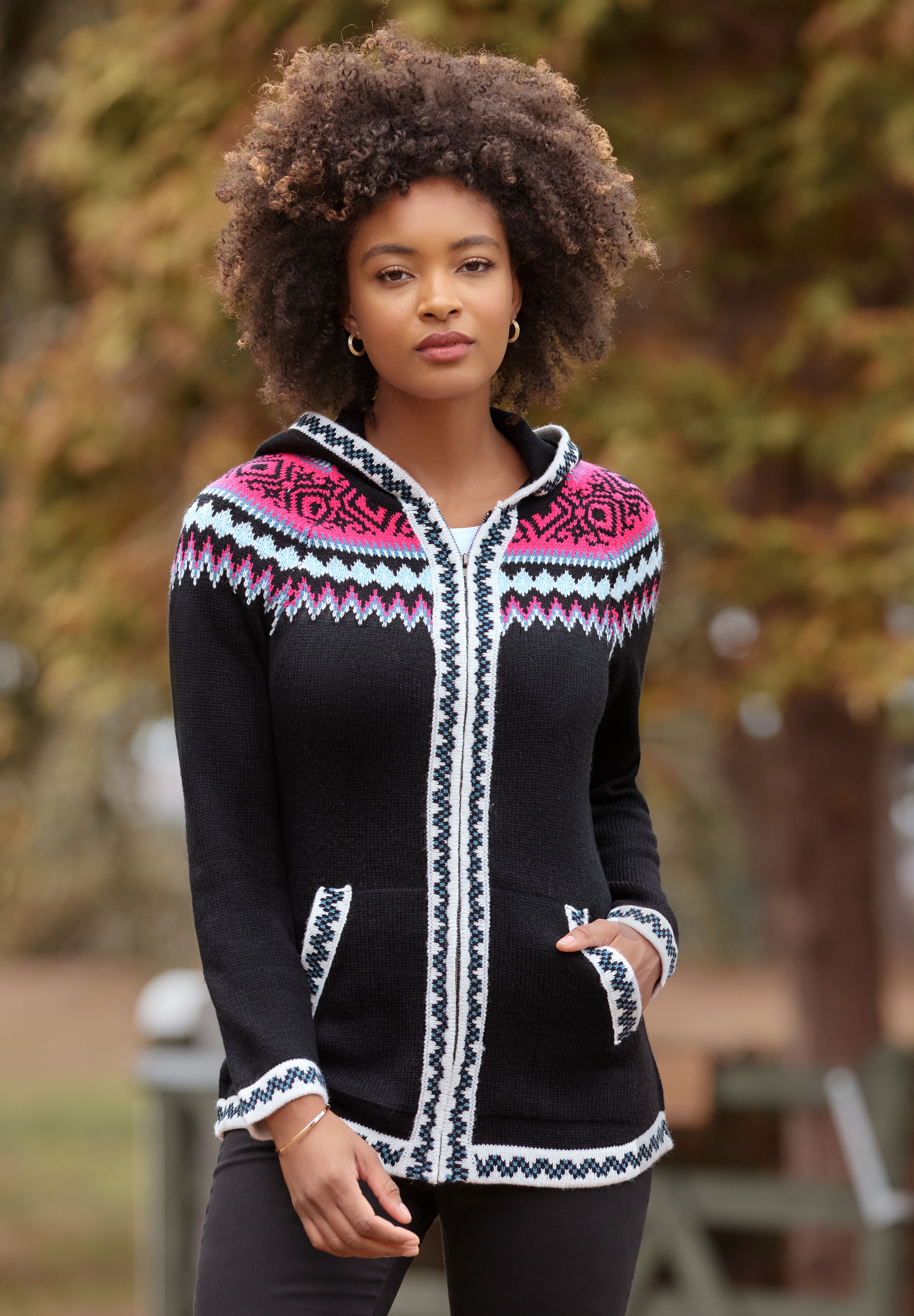 Fairisle Zip Hooded Sweater Jacket, BLACK FAIRISLE, alternate image number 6