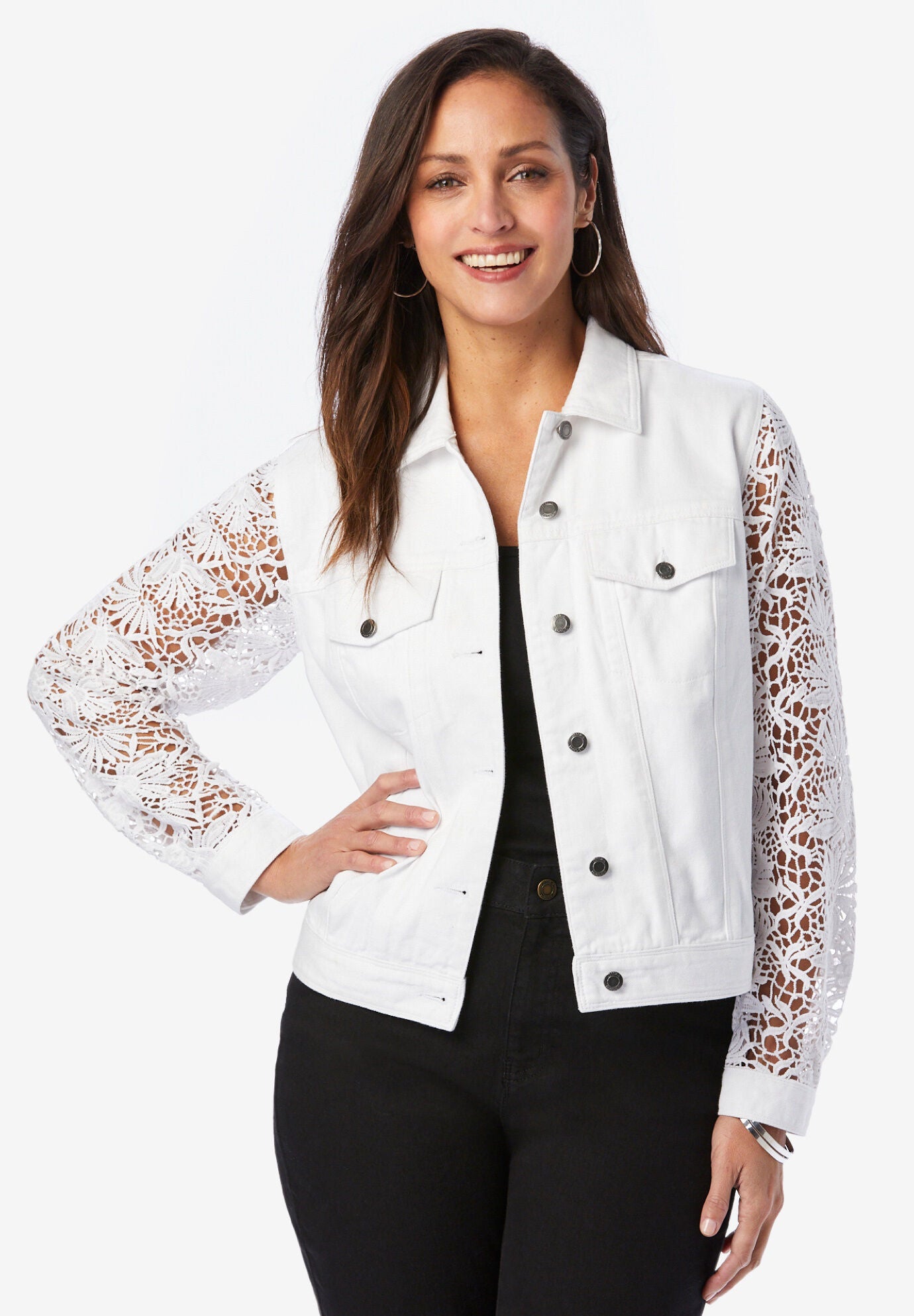 Lace Sleeve Denim Jacket for Women White