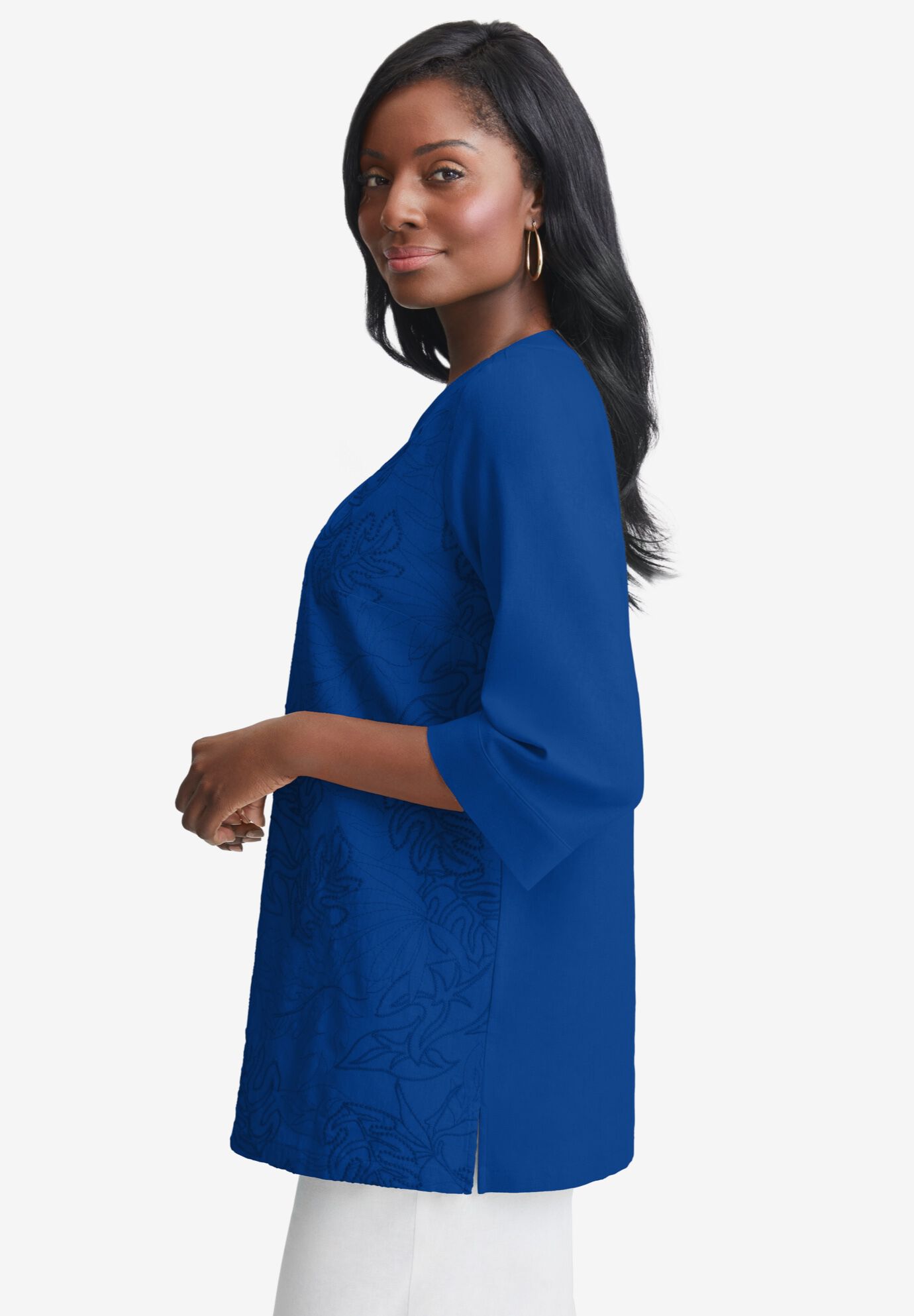 Linen V-Neck Embroidered Tunic, SAPPHIRE LEAF EMBROIDERY, alternate image number 2