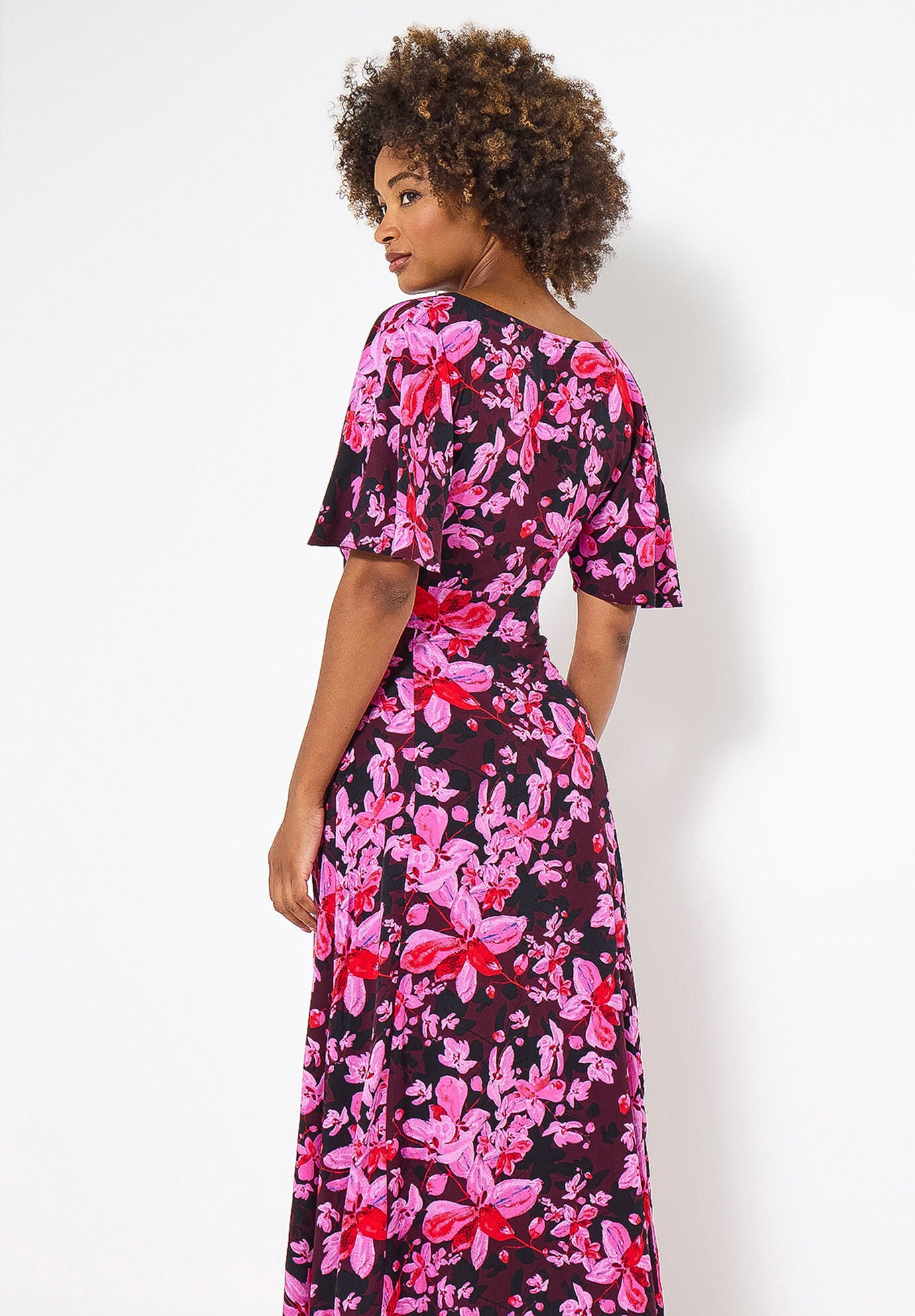 Flutter Sleeve Maxi Dress, PINK ABSTRACT FLORAL, on-hover image number 1