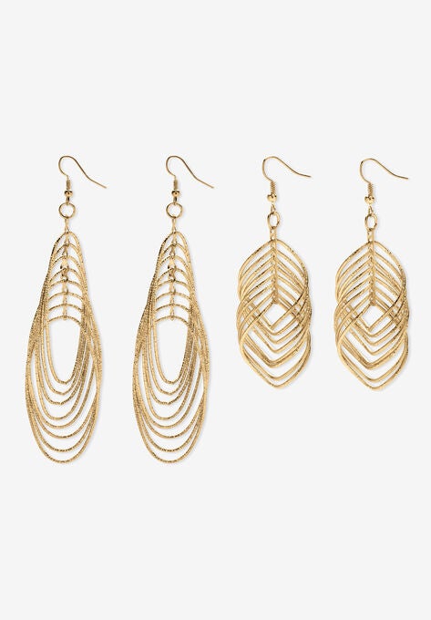 Goldtone Diamond Cut 2 Piece Set Drop Earrings (72x24mm), GOLD, hi-res image number null