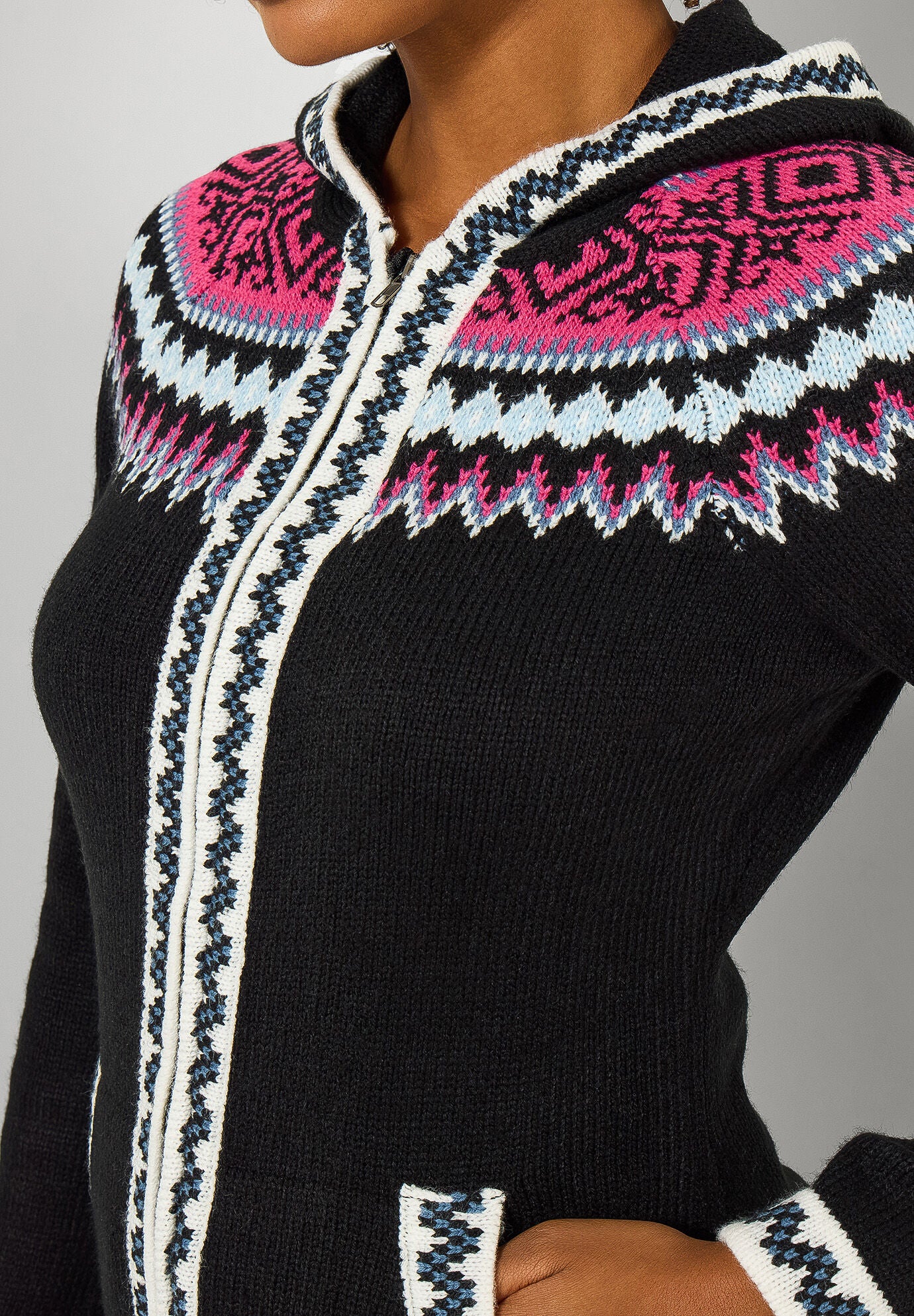 Fairisle Zip Hooded Sweater Jacket, BLACK FAIRISLE, alternate image number 2