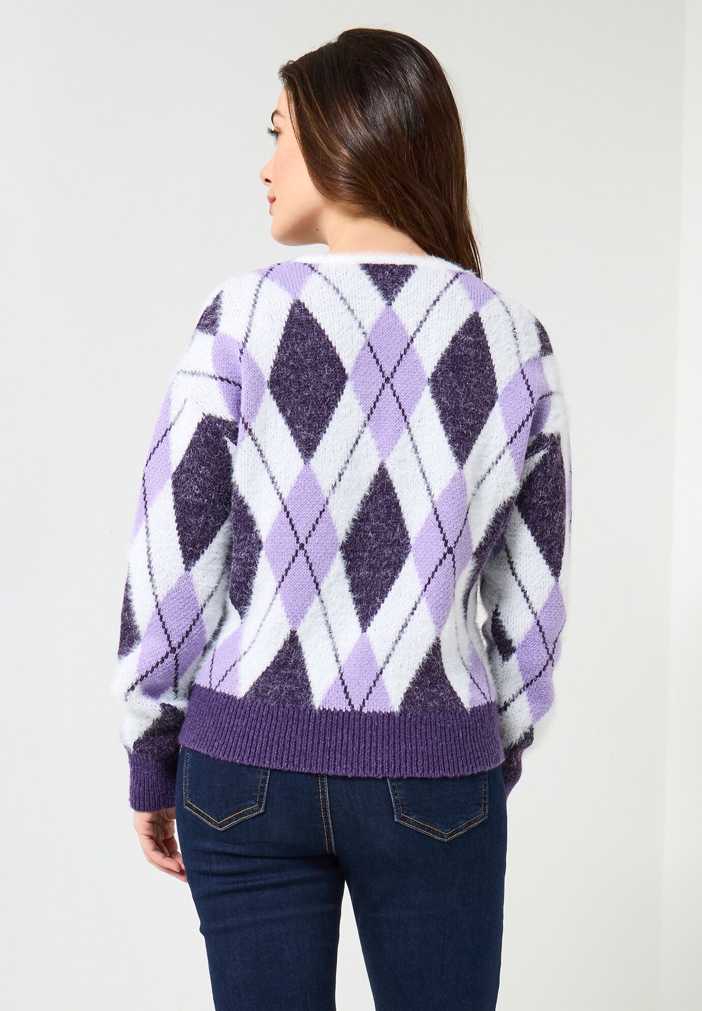 Fuzzy V-Neck Cardigan, VIOLET ARGYLE, on-hover image number 1