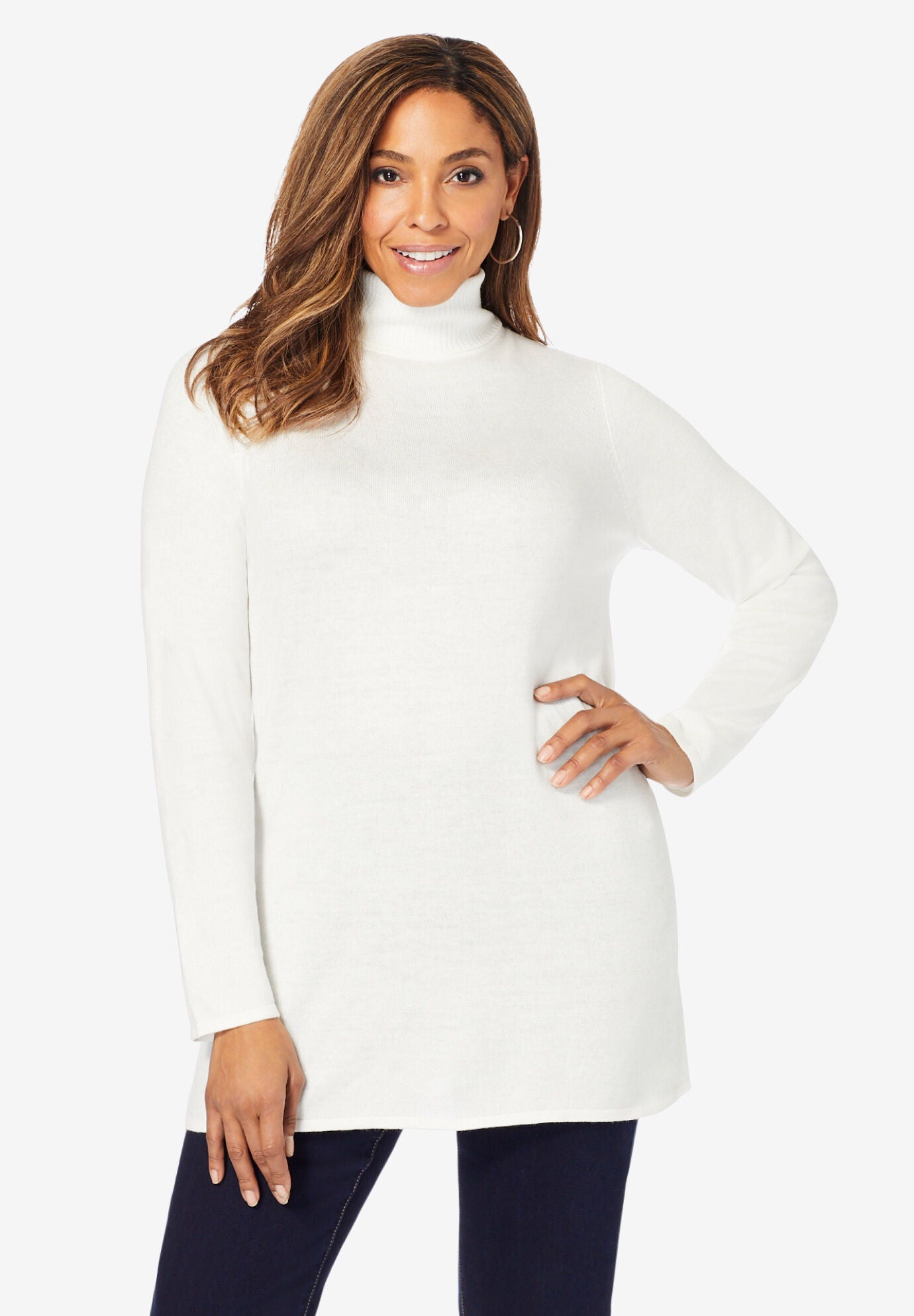 Cotton Cashmere Turtleneck, IVORY, on-hover image number 1