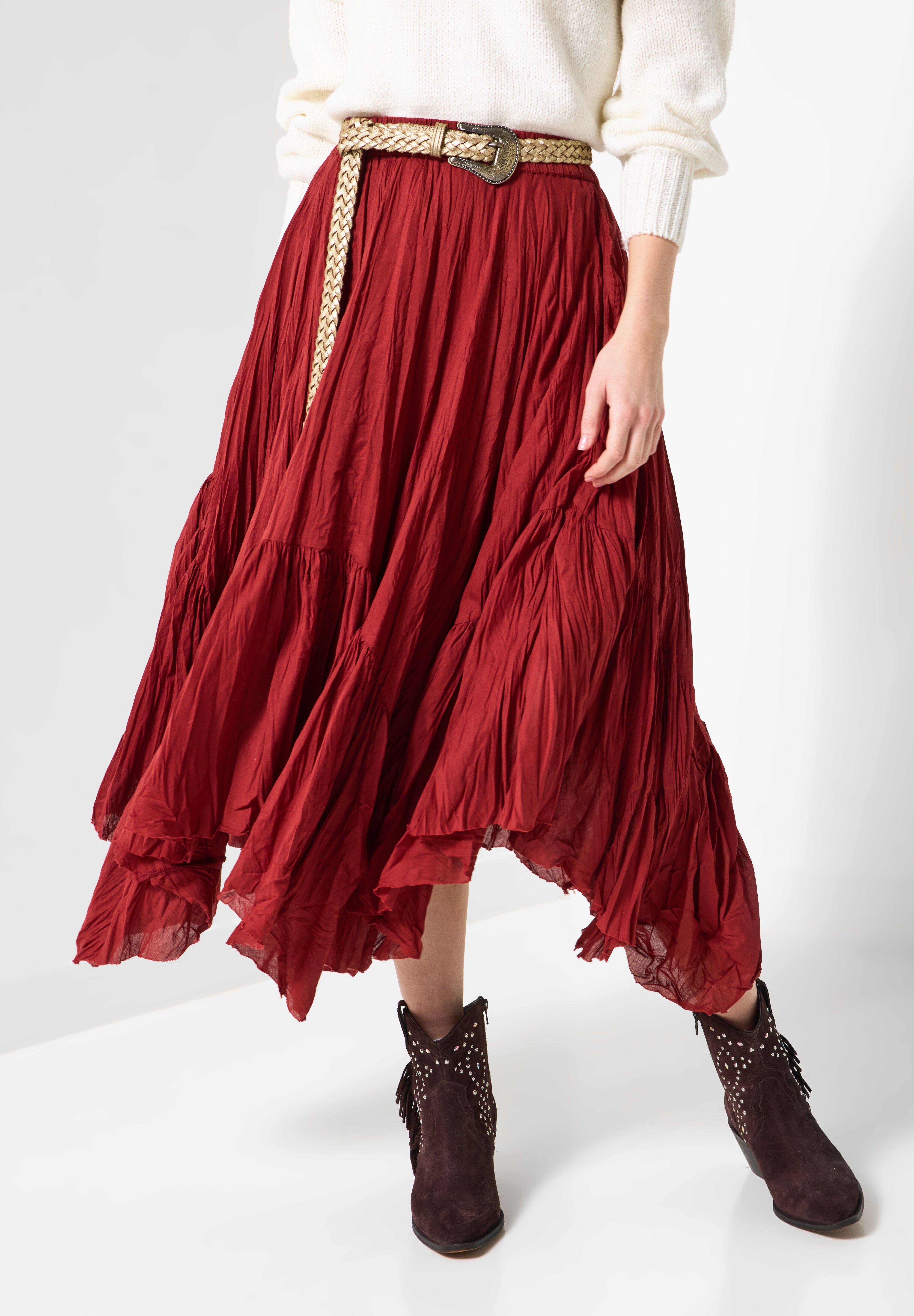 Handkerchief Hem Crinkle Midi Skirt, BRICK RED, on-hover image number 1
