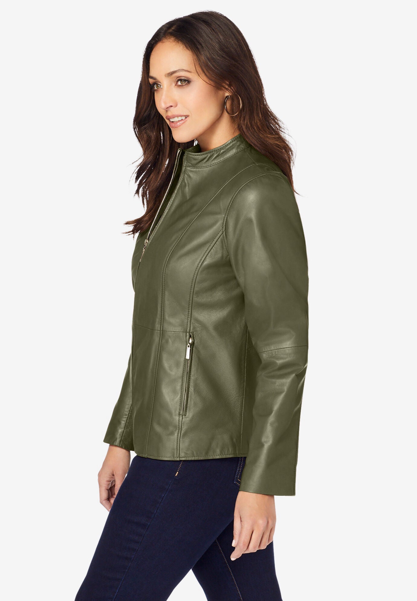 Zip Front Leather Jacket, DARK OLIVE GREEN, alternate image number 2