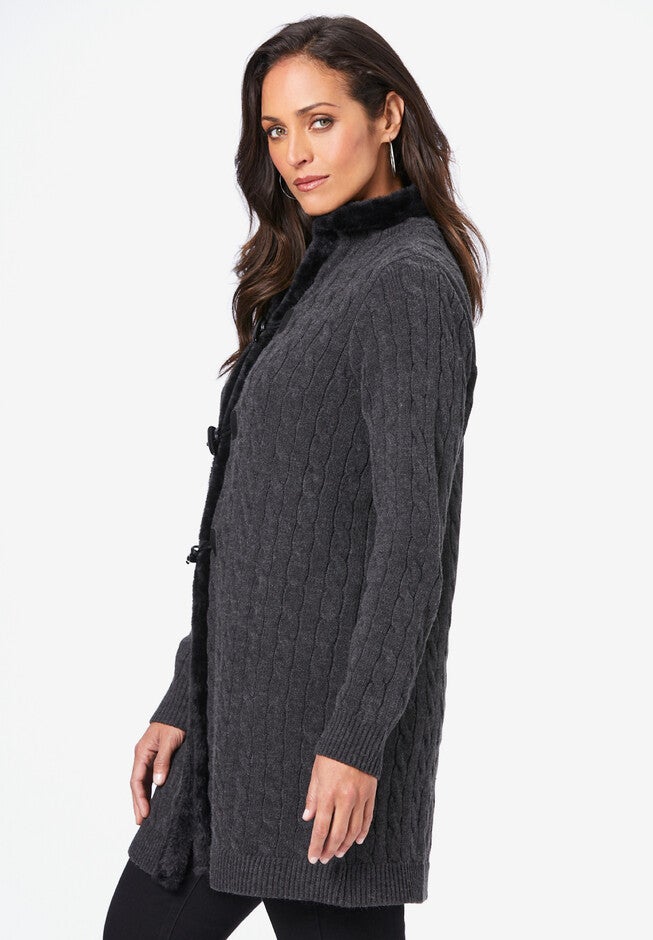 Fur Trim Toggle Cardigan, , alternate image number null