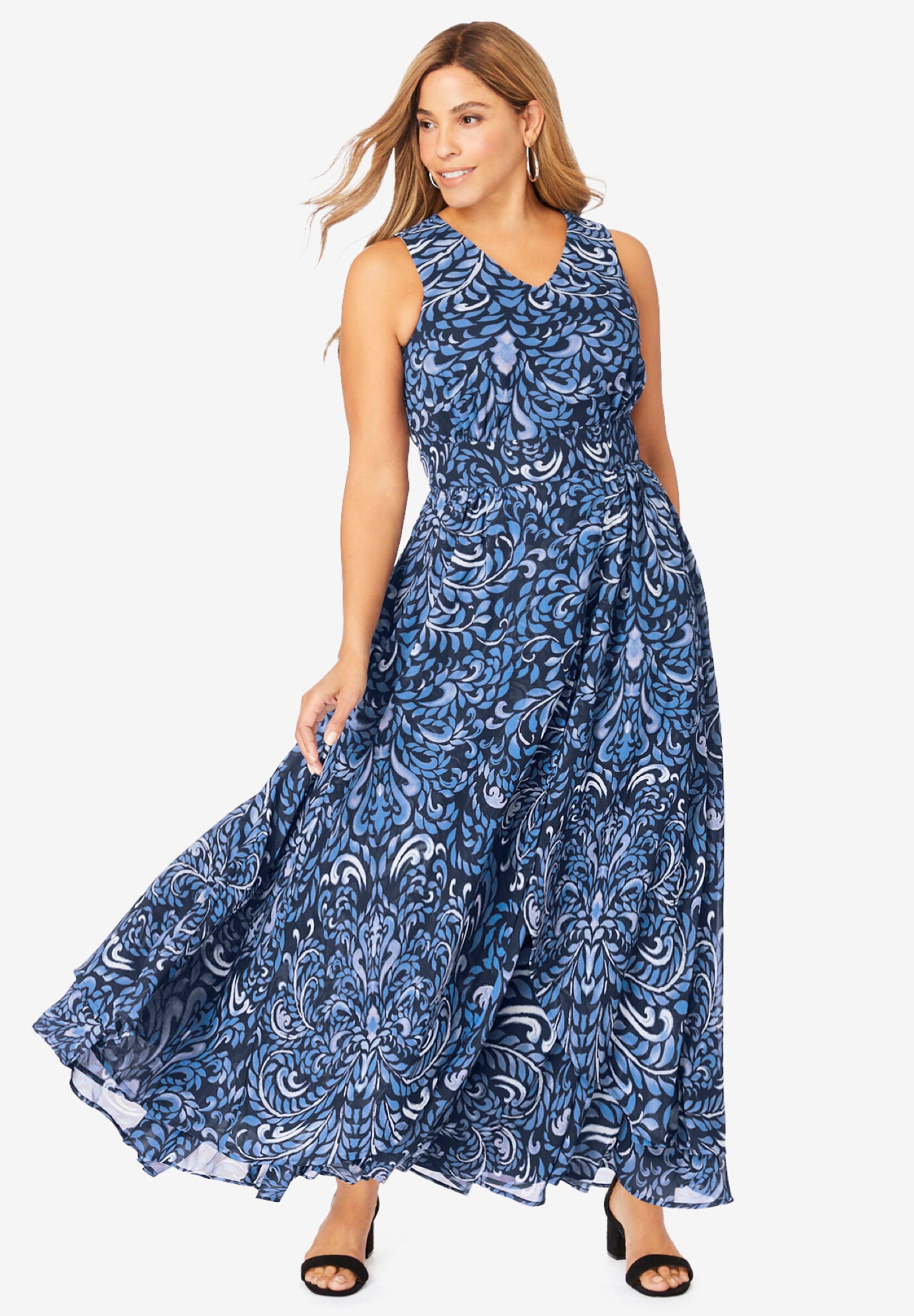 Maxi Dress Georgette Flyaway Style Navy Painted Scroll