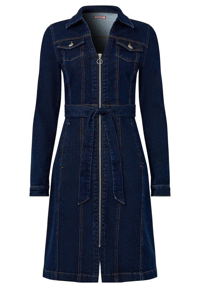 Belted Stretch Denim Dress, DARK BLUE, alternate image number null