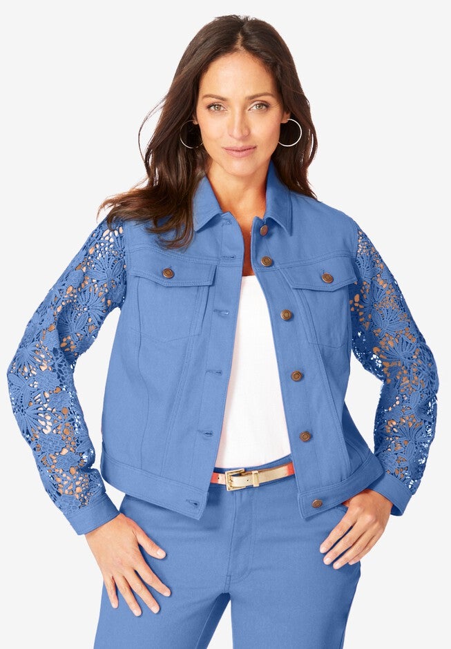 Lace Sleeve Denim Jacket, FRENCH BLUE, hi-res image number 0