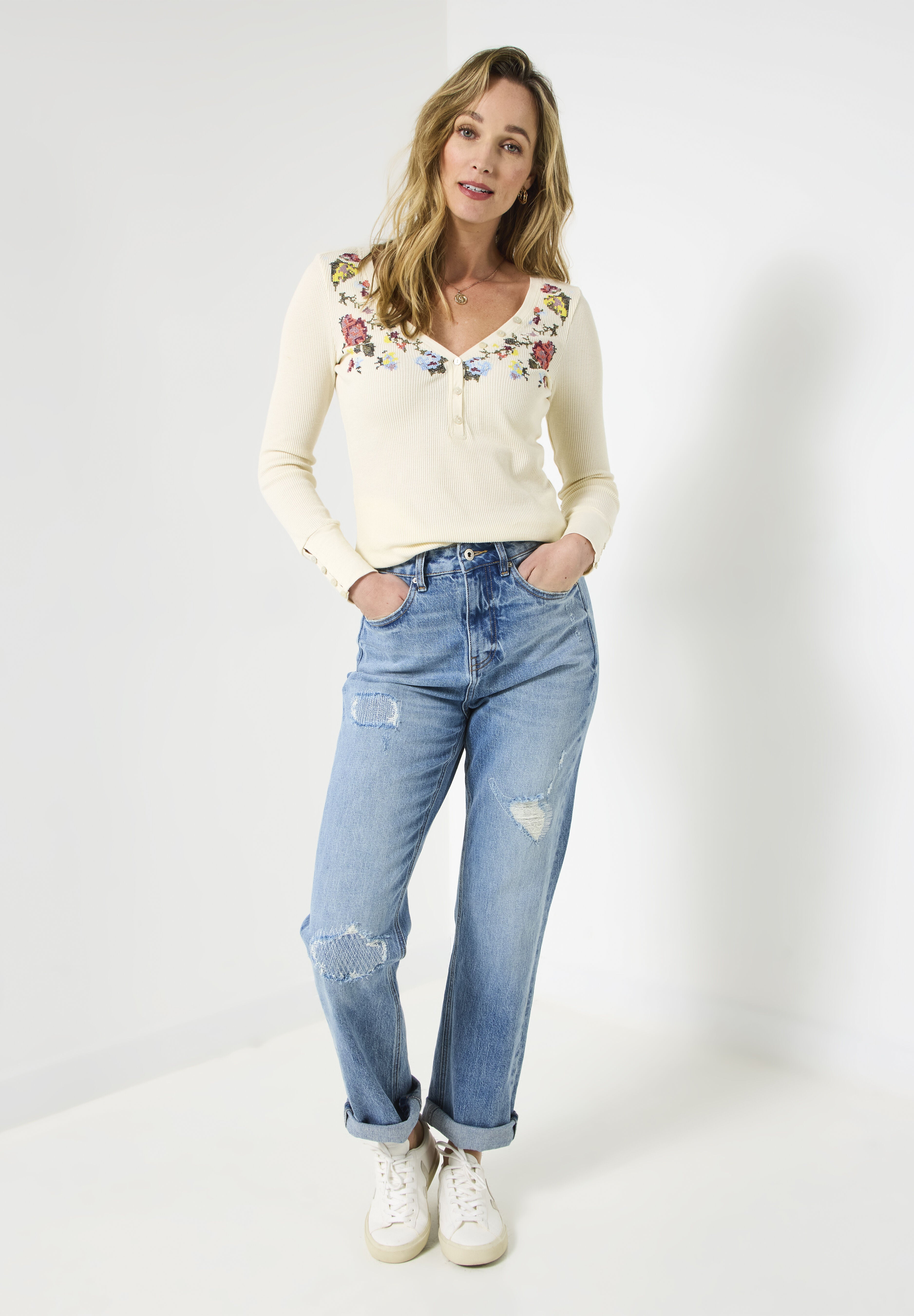 Stretch Cotton Henley Tee, CREAM FLORAL EMBROIDERY, alternate image number 5