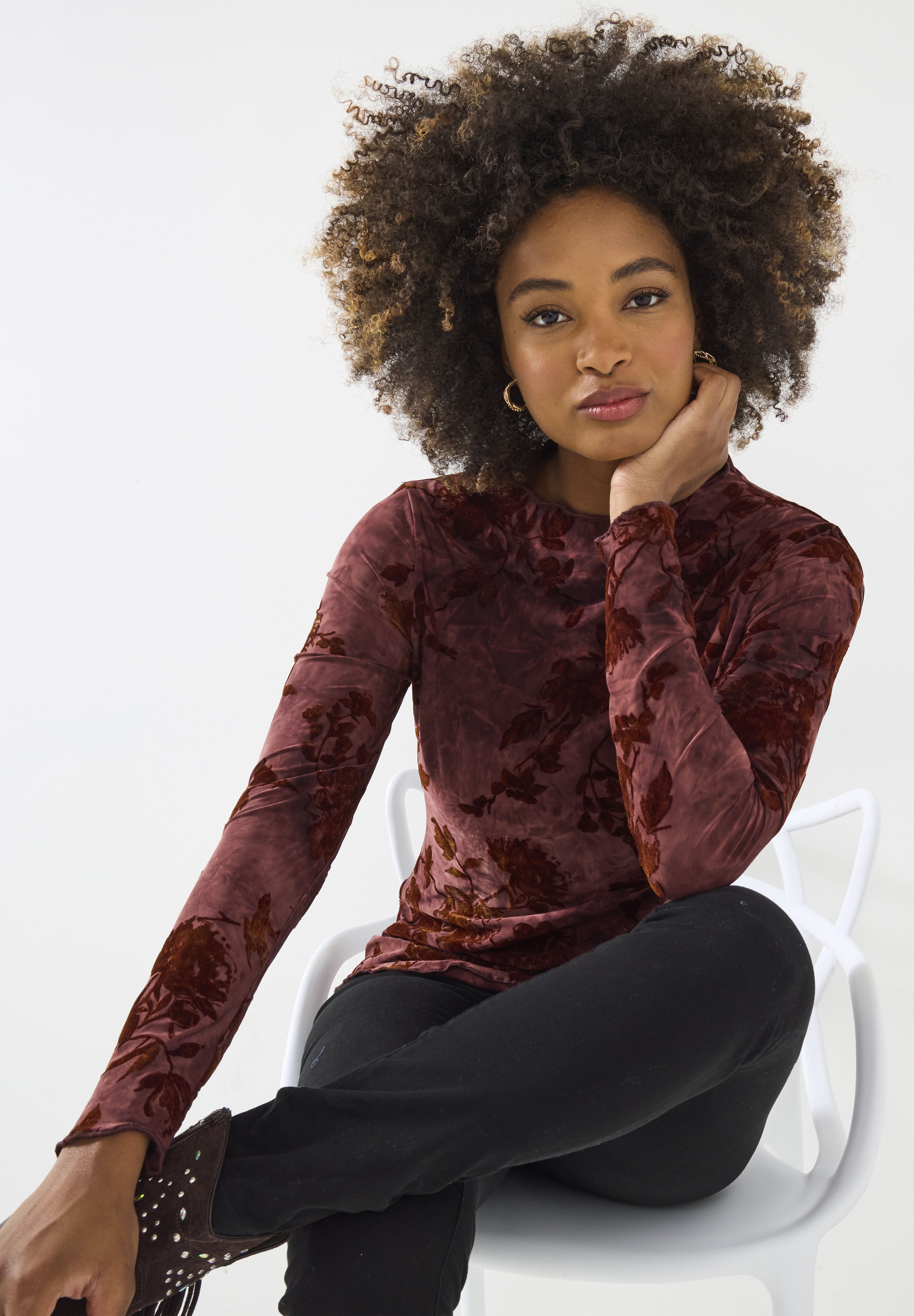 Burnout Mock Neck Tee, MAHOGANY VINES, hi-res image number 0