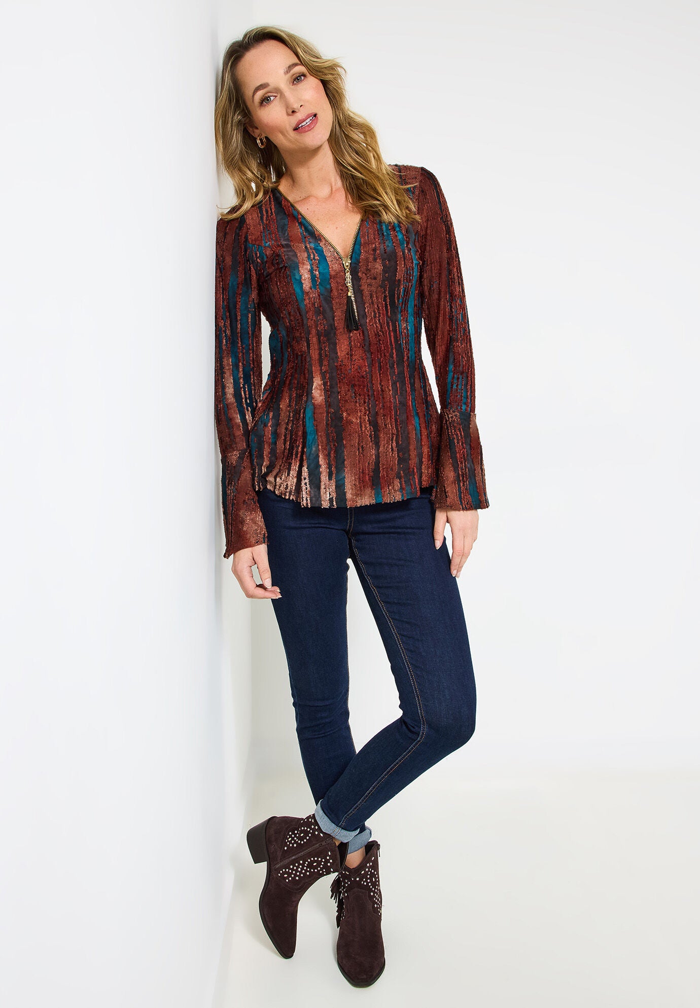 Zip Neck Bell Sleeve Top, RUST BURNOUT STRIPE, alternate image number 5
