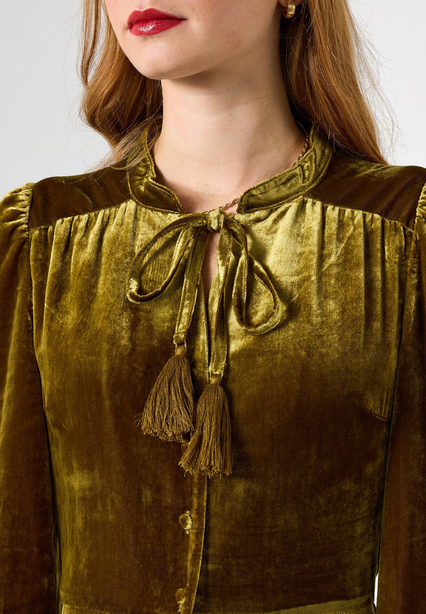 Tiered Velvet Tie Neck Dress, CHARTREUSE, alternate image number 3