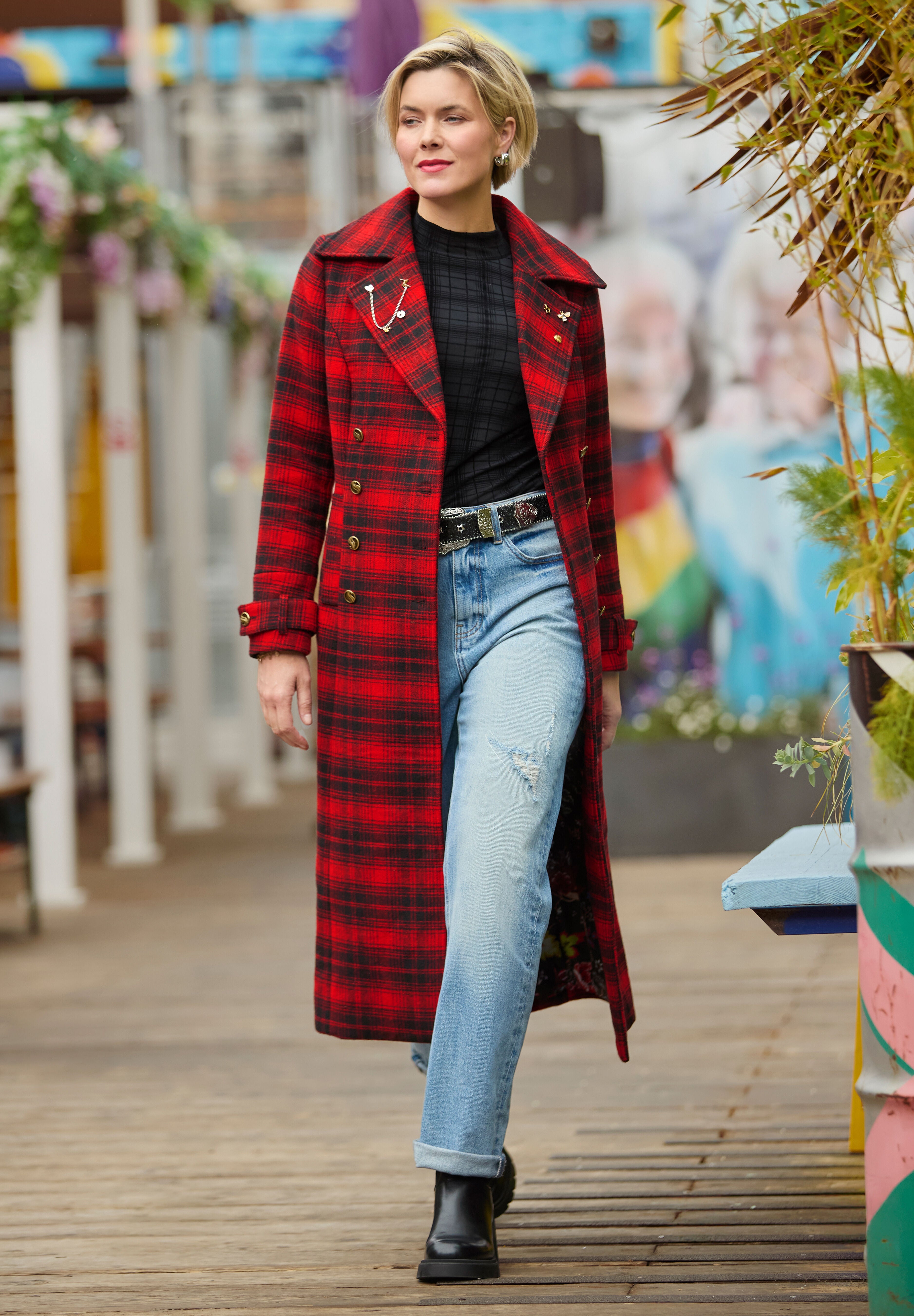Wool-Blend Double Breasted Coat, RED MEGA PLAID, hi-res image number 0