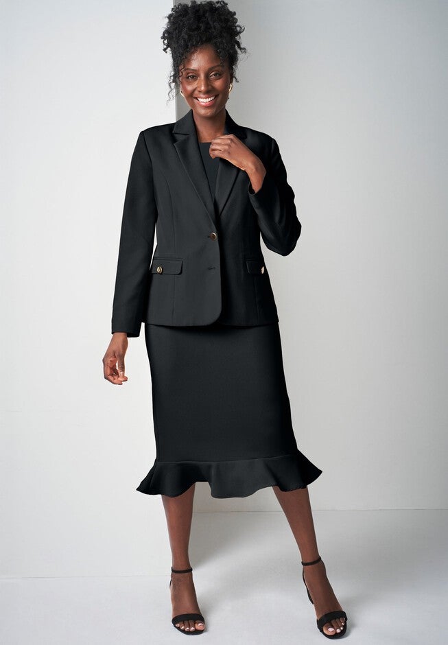 2-Piece Stretch Crepe Peplum Skirt Suit, BLACK, hi-res image number null