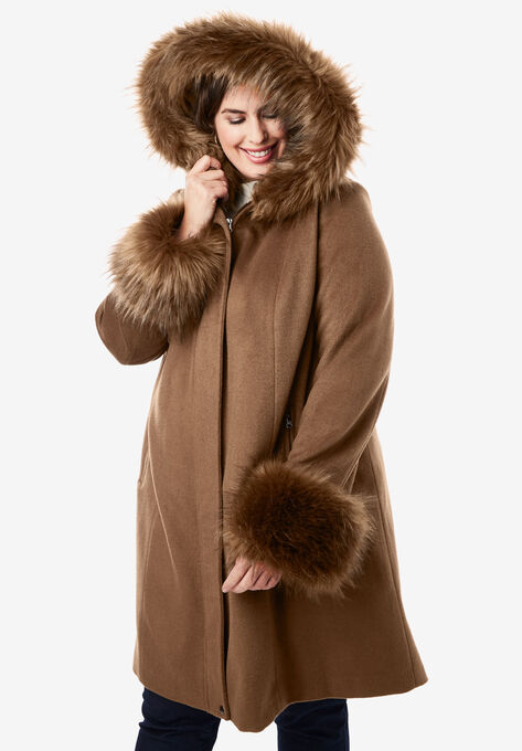 Hooded Faux Fur Trim Coat, , alternate image number null