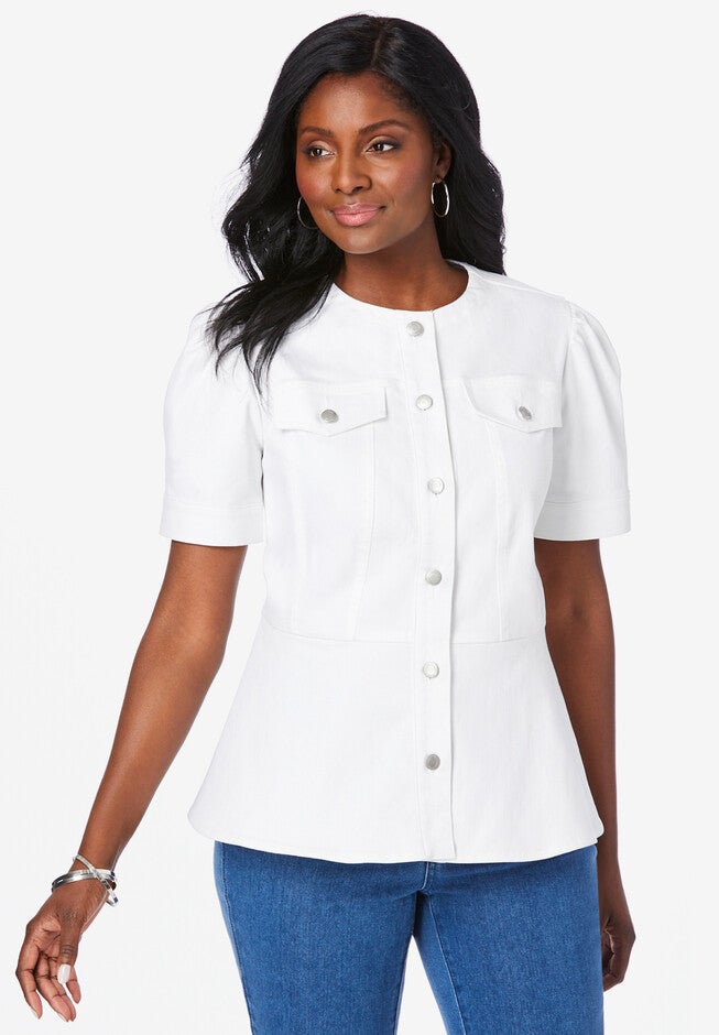 Short Sleeve Denim Jacket, WHITE, hi-res image number 0