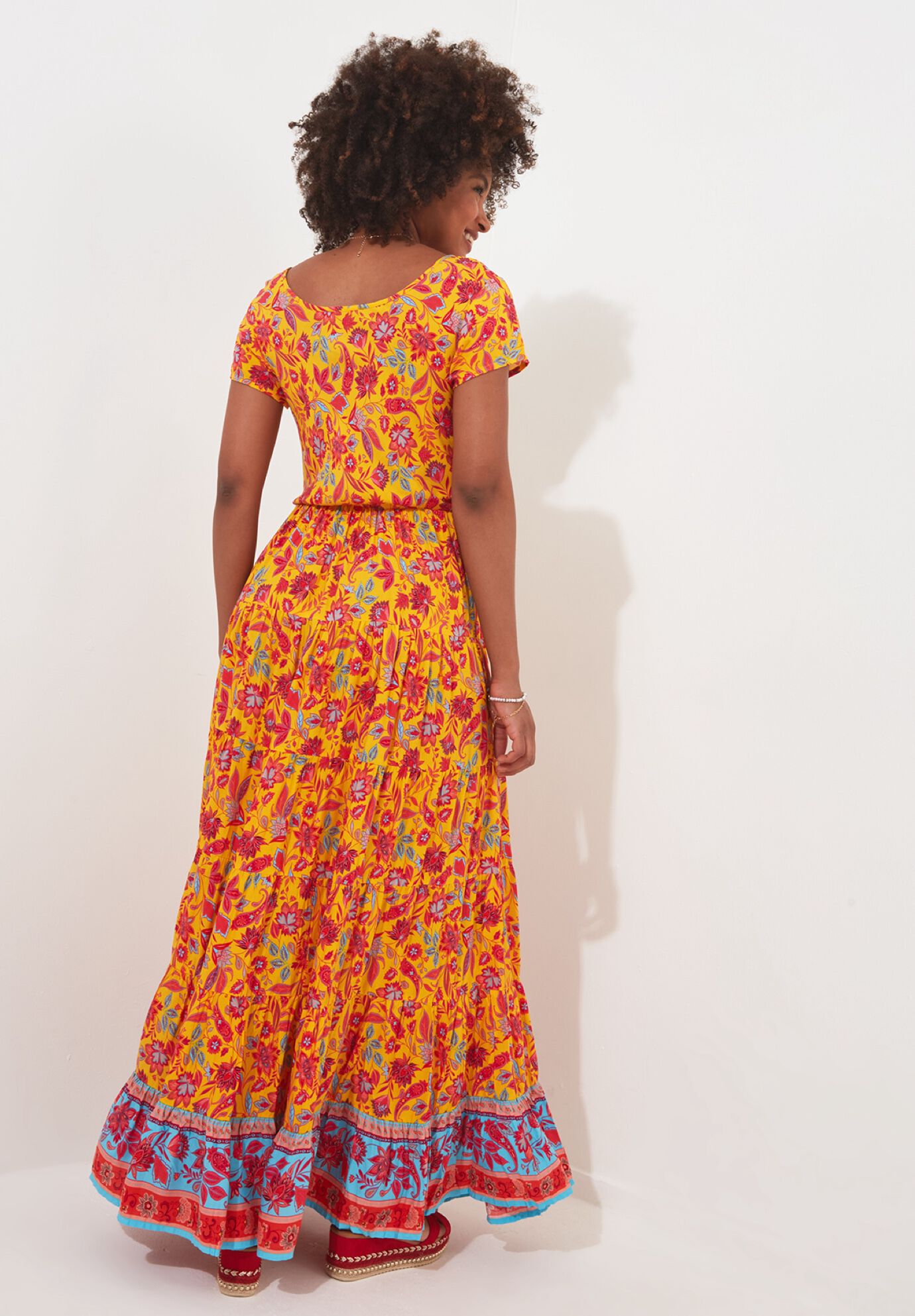 Short Sleeve Flowy Maxi Dress, GOLDEN BLOOM, alternate image number 3